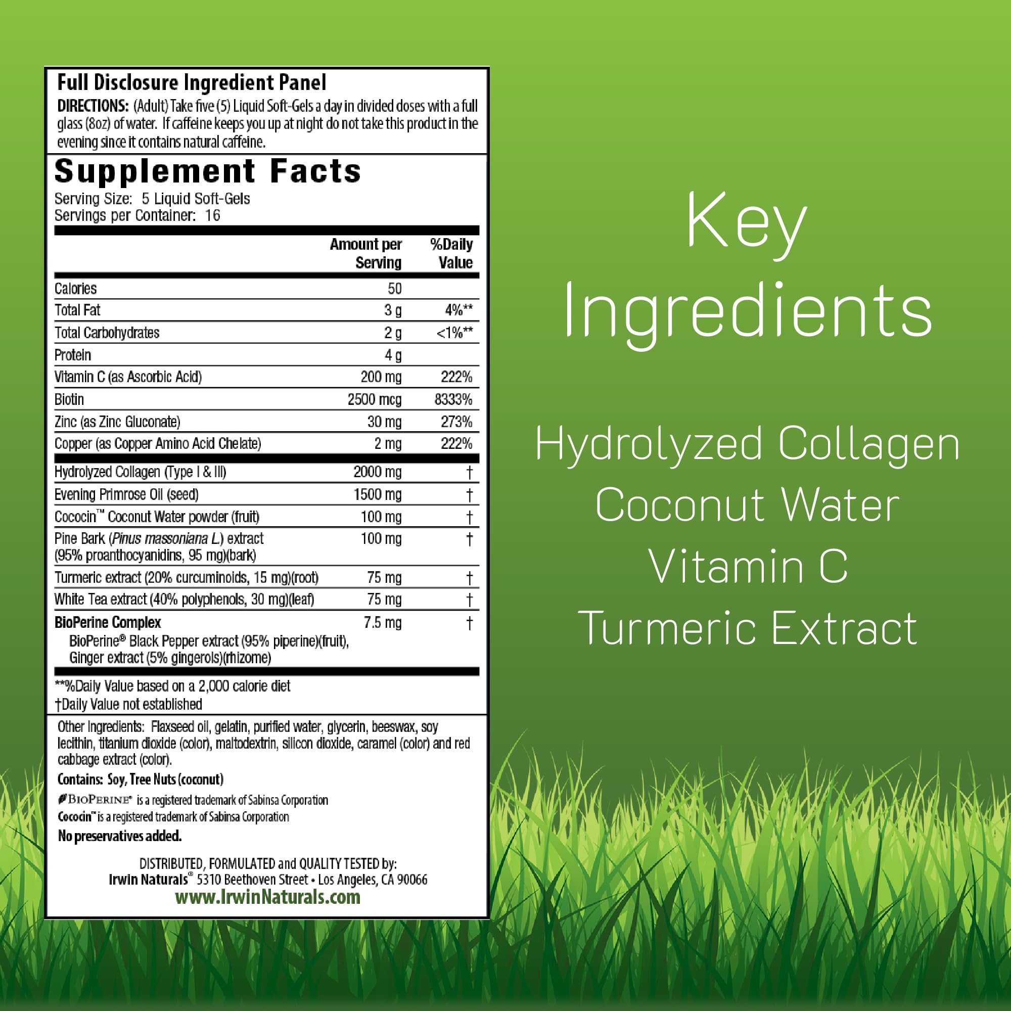 Irwin Naturals Suplemento Colageno para piel, beneficios de hidratación y firmeza.