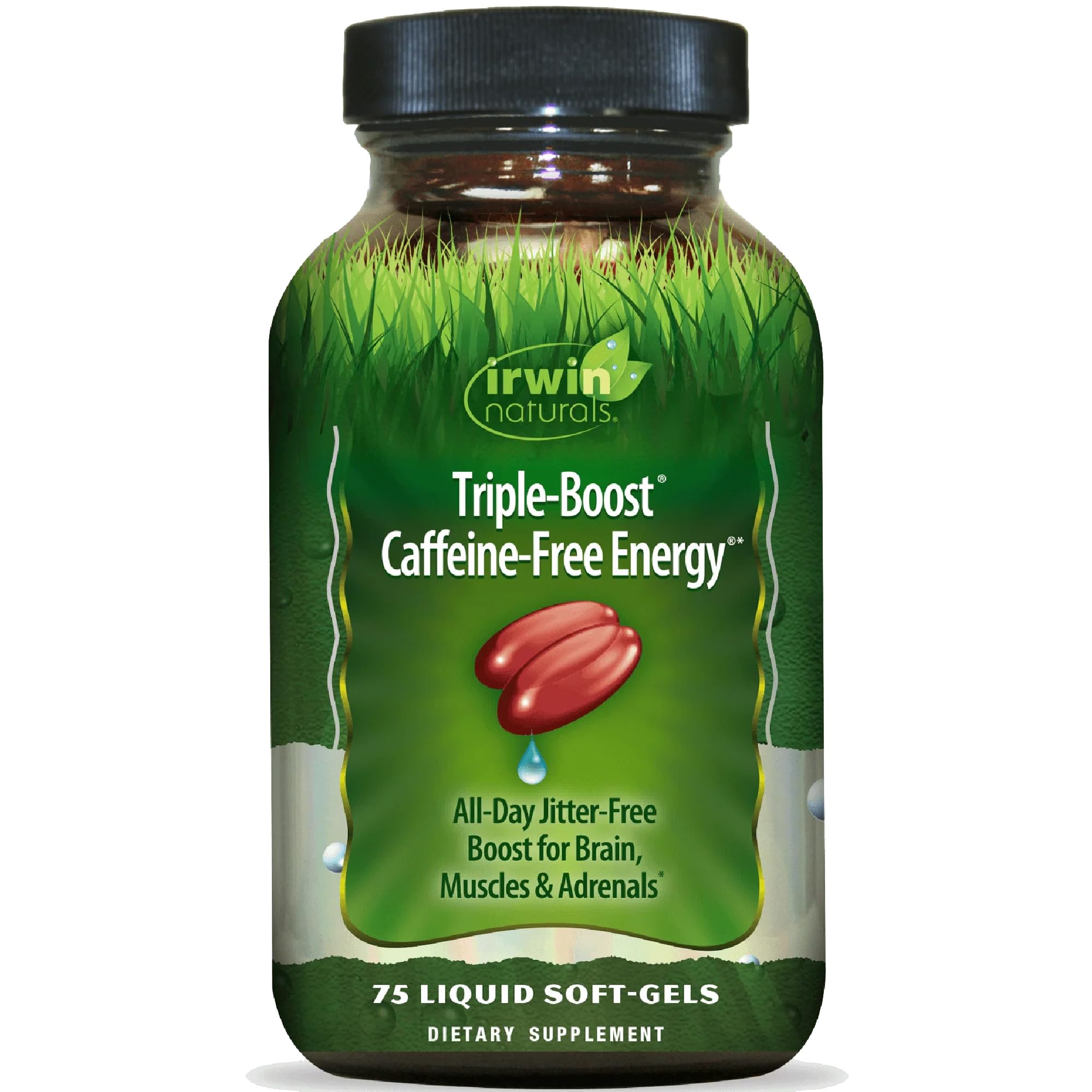 Frasco de Irwin Naturals Triple-Boost con energia sostenible sin cafeina para todo el dia