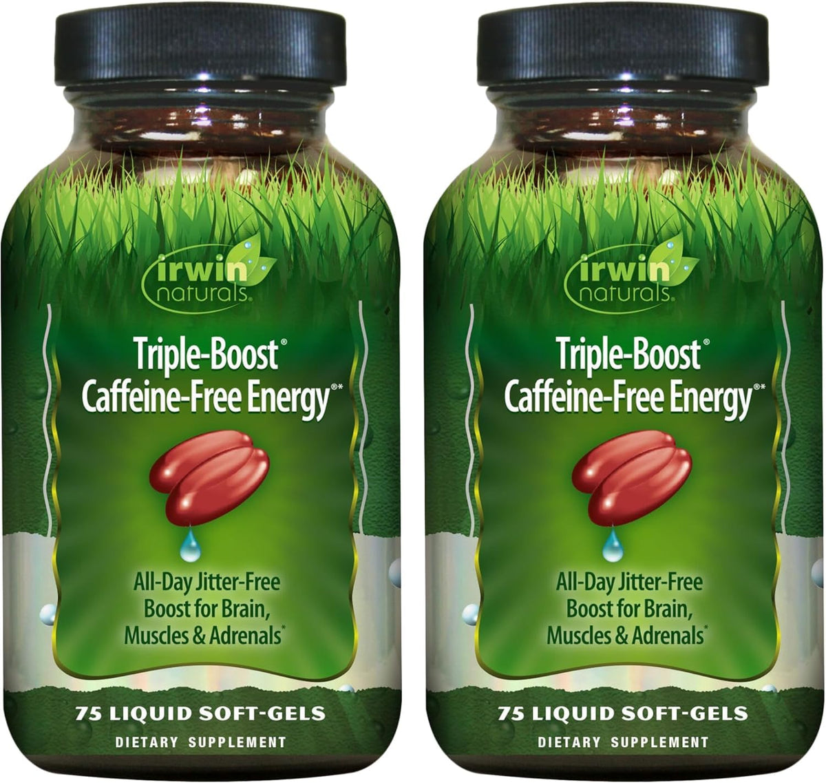 Botella de Irwin Naturals Triple Boost Energy con cápsulas blandas líquidas para energía diaria.