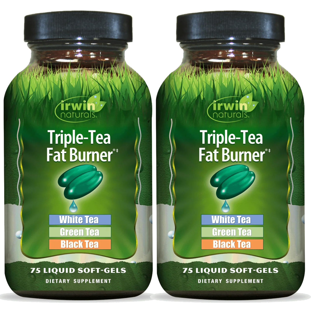 Irwin Naturals Triple-Tea Fat Burner, botella de cápsulas líquidas, mezcla de tés para apoyar la vitalidad diaria.