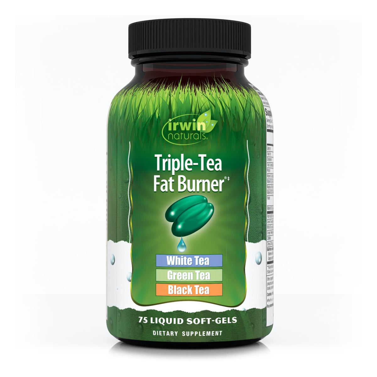 Irwin Naturals Triple Tea Fat Burner, botella visible para revisar ingredientes y dosis