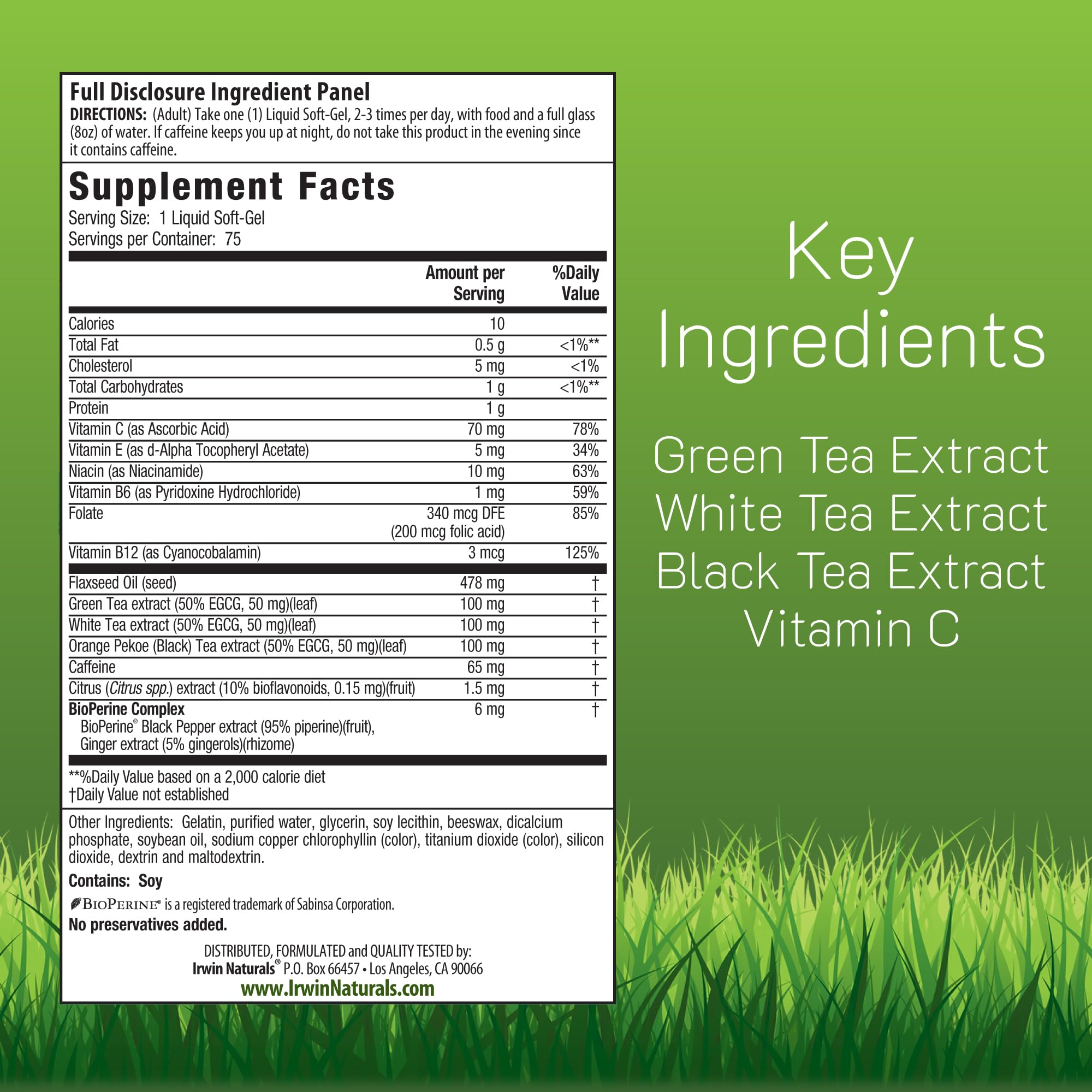 Etiqueta de calidad de Irwin Naturals Triple-Tea Fat Burner, indicador de pureza y control de calidad.