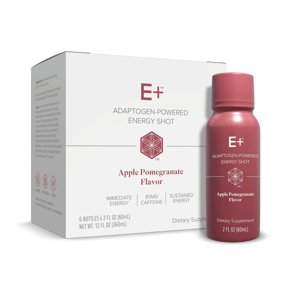 Isagenix E+ Shot, botella 2oz vista frontal, energía sostenida para la jornada.