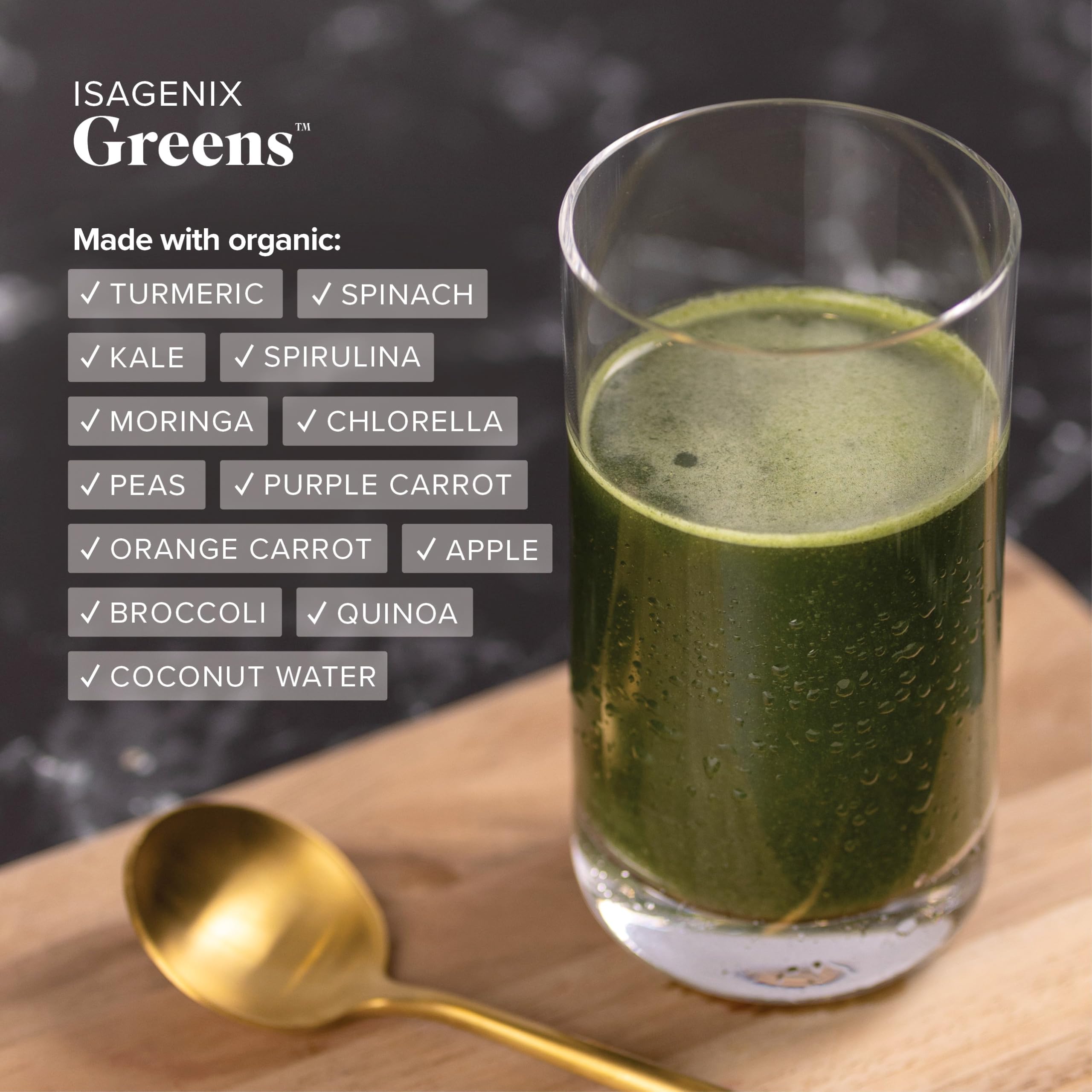 Isagenix Greens ingredientes-superfoods, incluye moringa, chlorella y spirulina para energía.