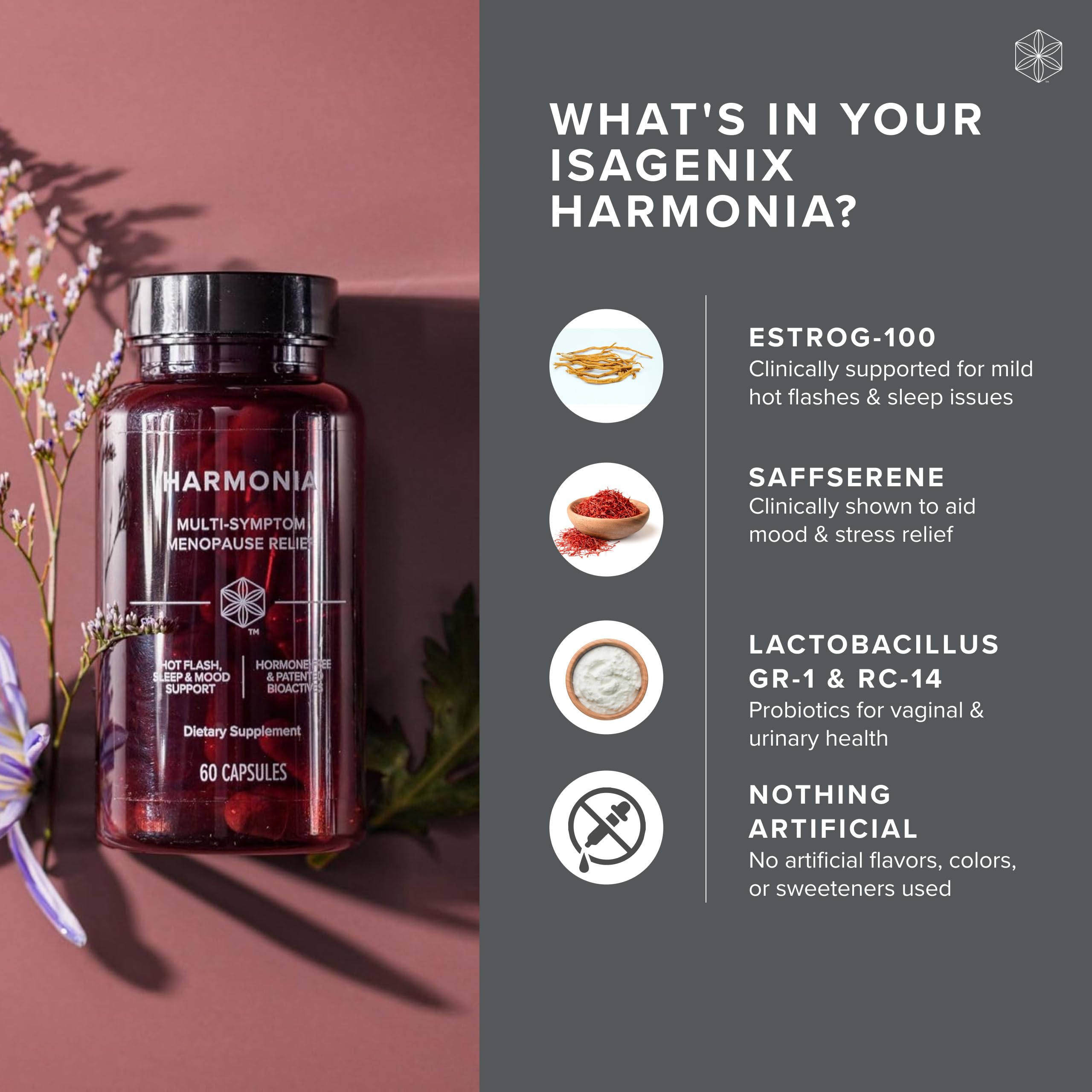 Isagenix Harmonia, etiqueta-frontal, facilita elección informada sobre el producto.