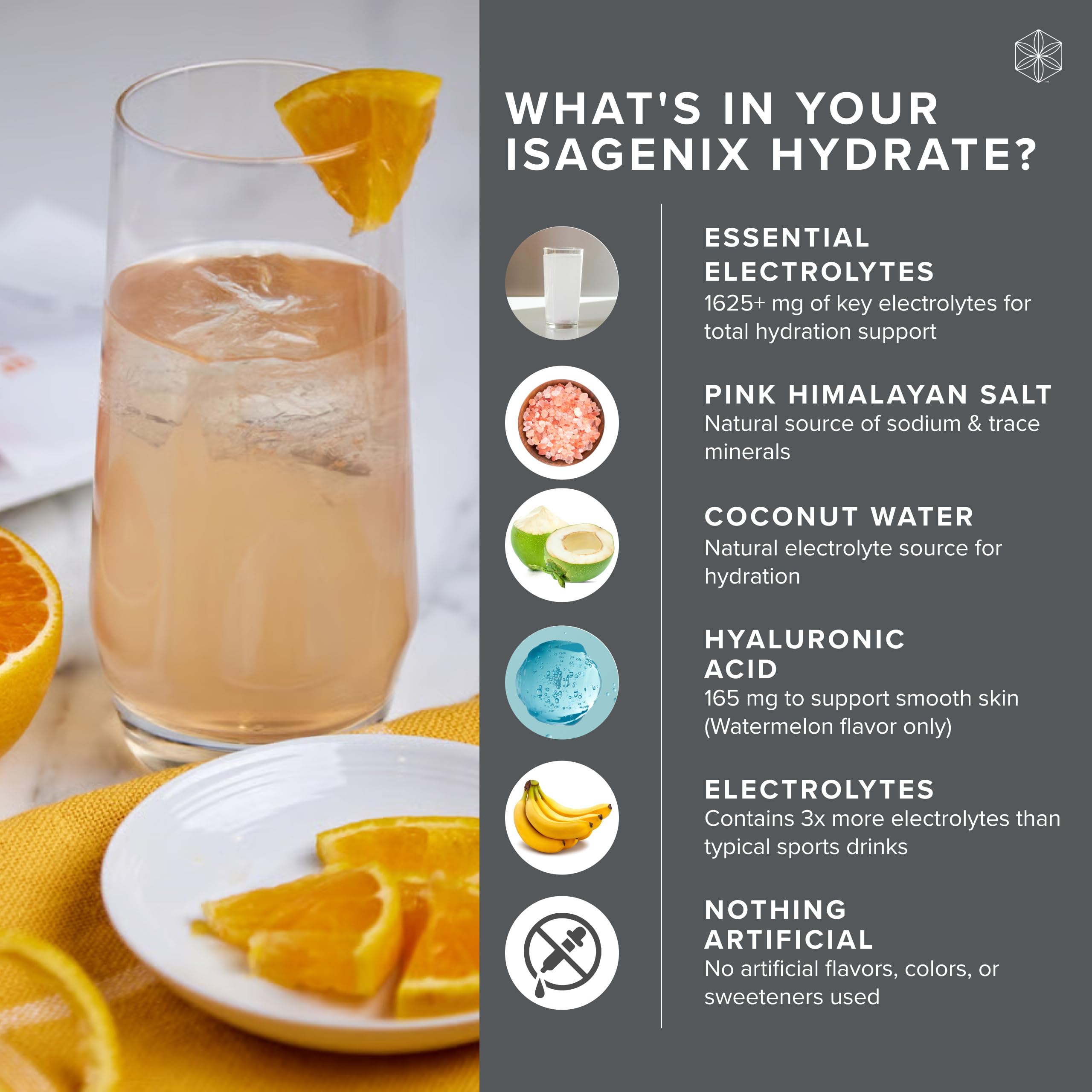 Isagenix Hydrate sobre limón-lima: hidratación diaria con sabor cítrico.