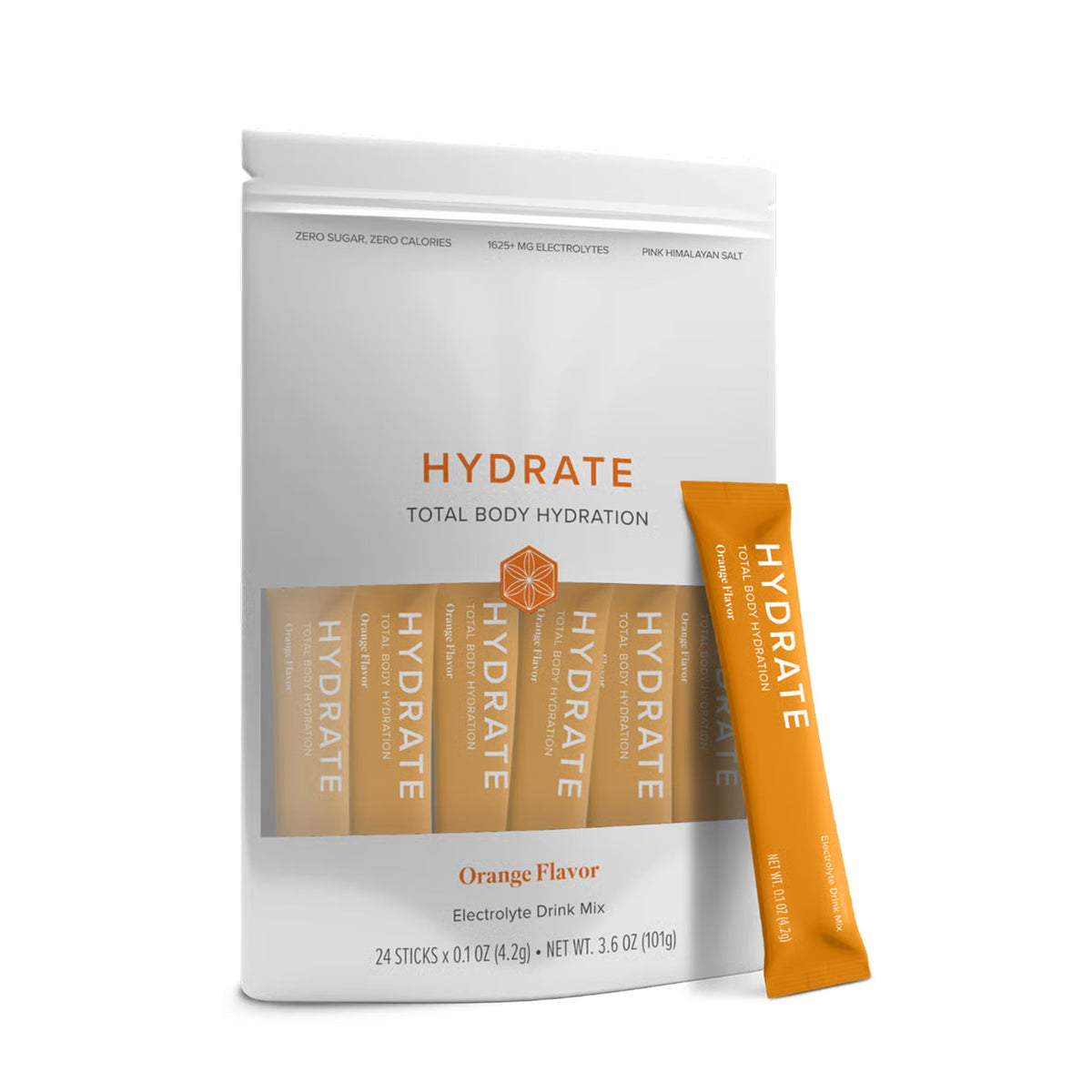 Isagenix Hydrate sobre naranja: hidratación rápida con electrolitos.