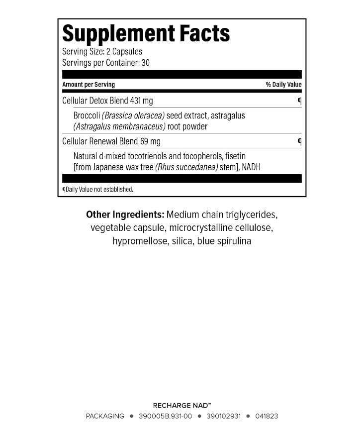 Isagenix Recharge NAD: cápsulas frente, dosis diaria para soporte energético.