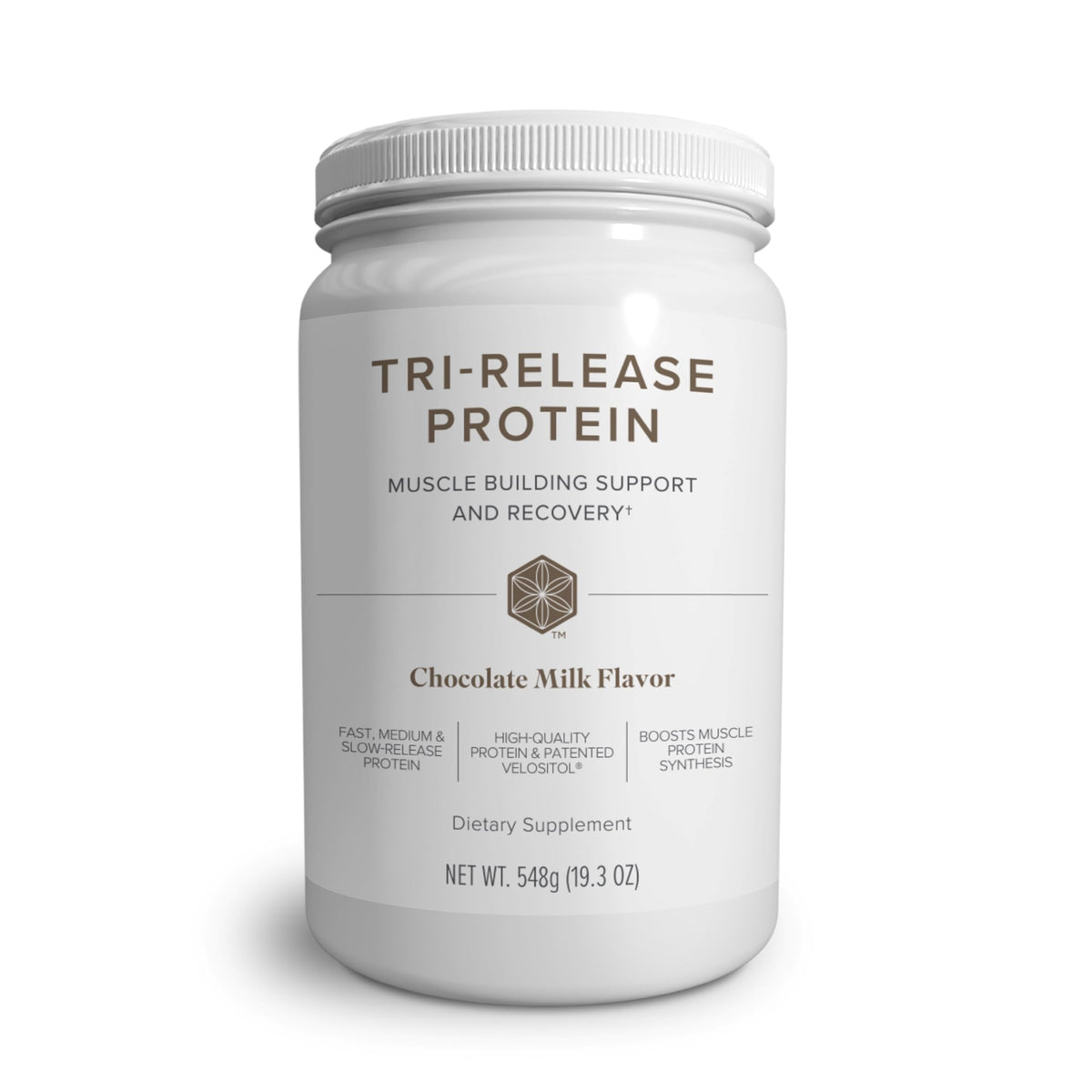 Isagenix Tri-Release Protein en envase chocolate con leche, ideal para recuperación post-entrenamiento.