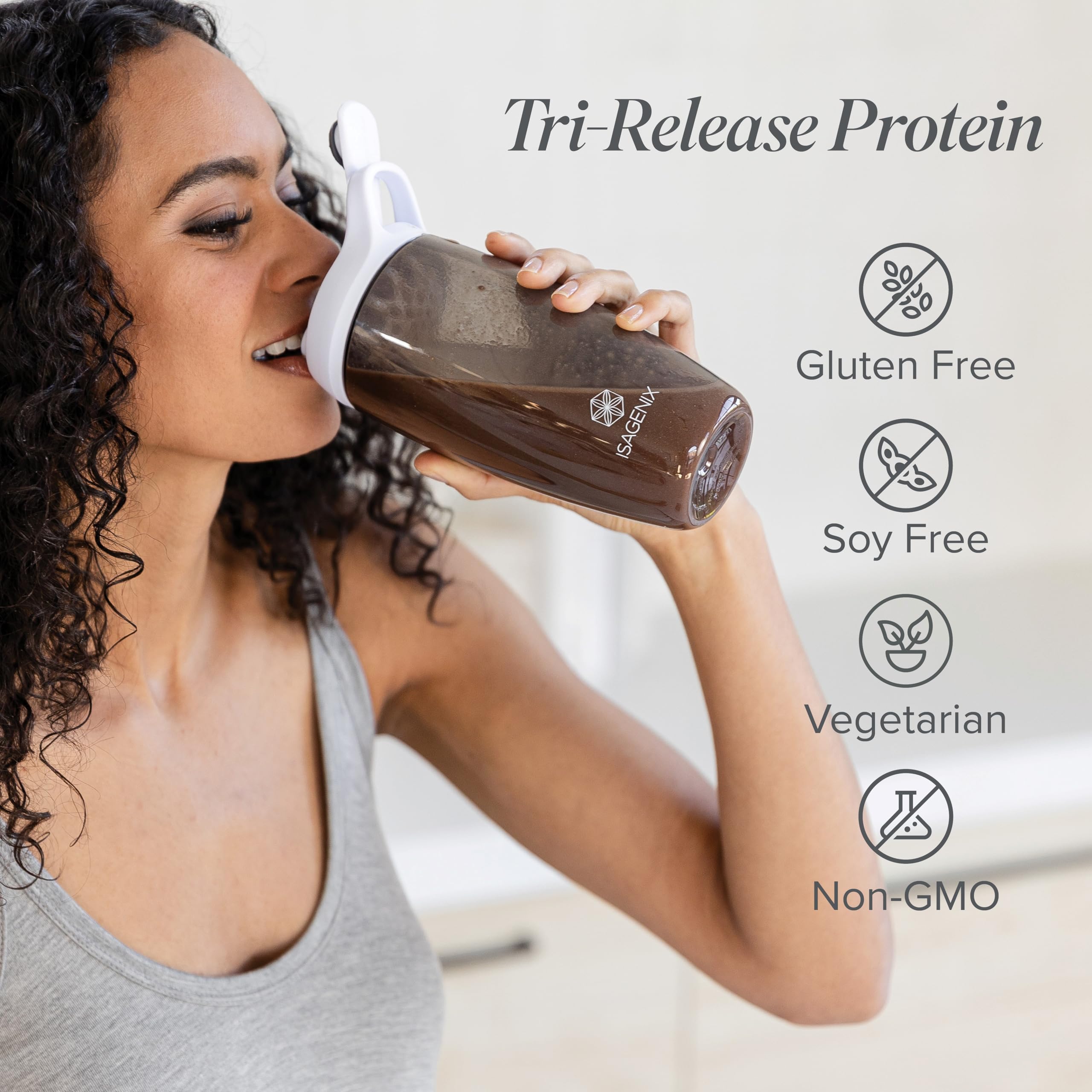 Etiqueta de Isagenix Tri-Release Protein destaca ingredientes limpios y sin gluten ni OGM.