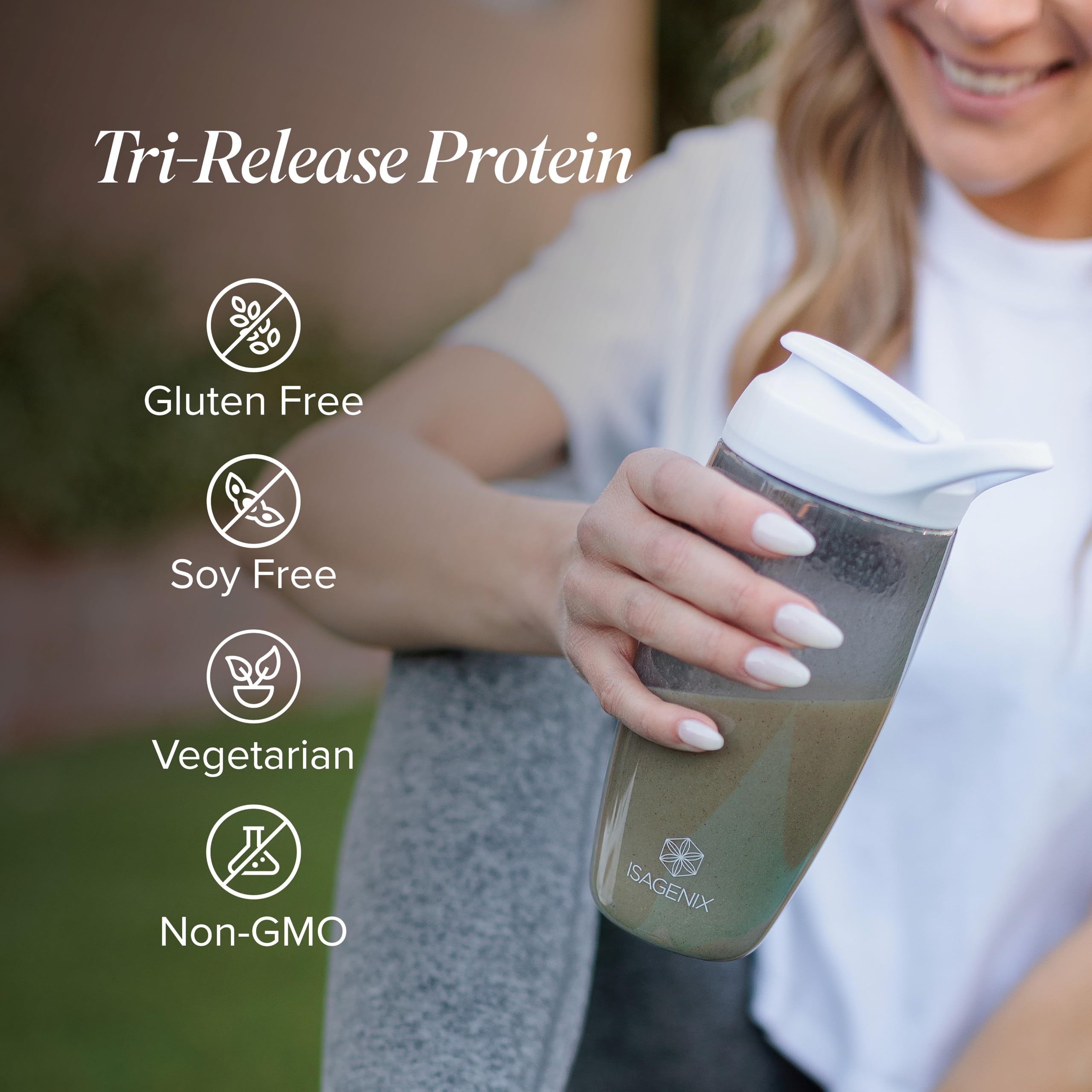 Isagenix Tri-Release Protein, etiqueta nutricional legible para plan de alimentación.