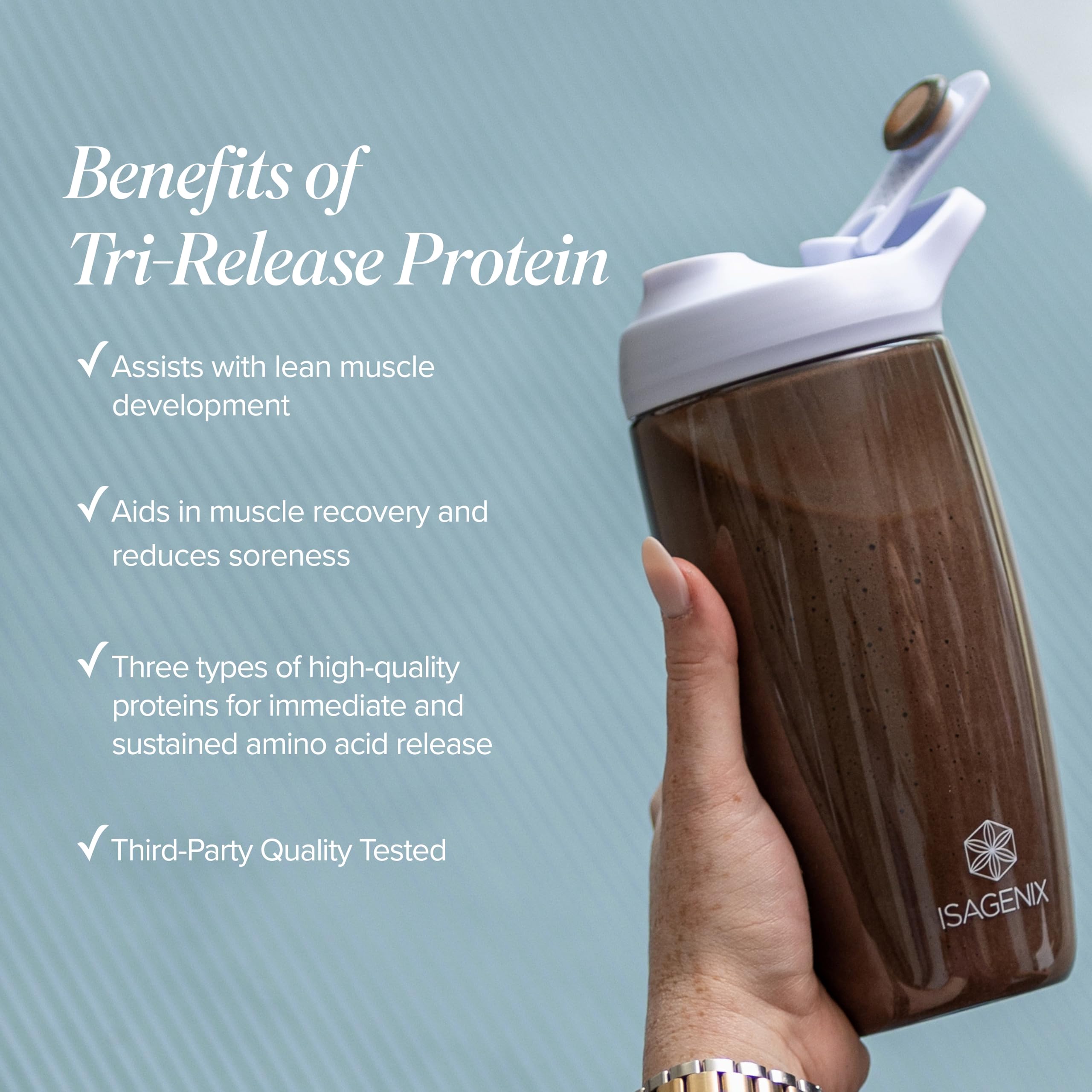 Isagenix Tri-Release Protein, Velositol en la imagen, posible mejora de aminoácidos de cadena ramificada.