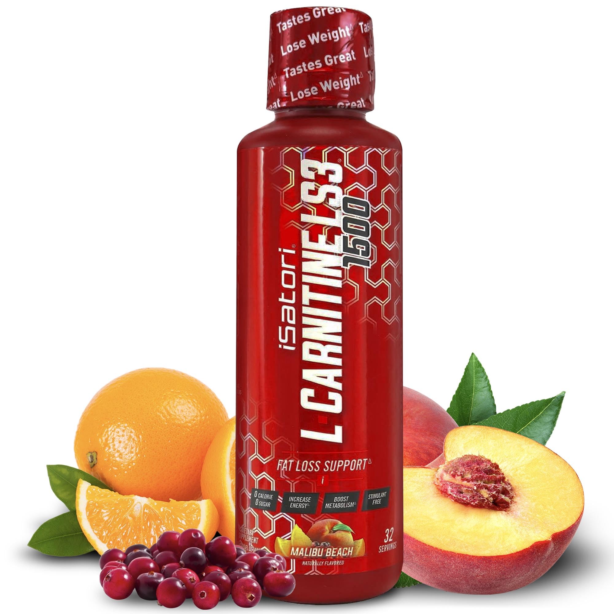 iSatori L-Carnitine LS3 1500, botella frontal, apoyo energético para entrenamientos sin estimulantes.