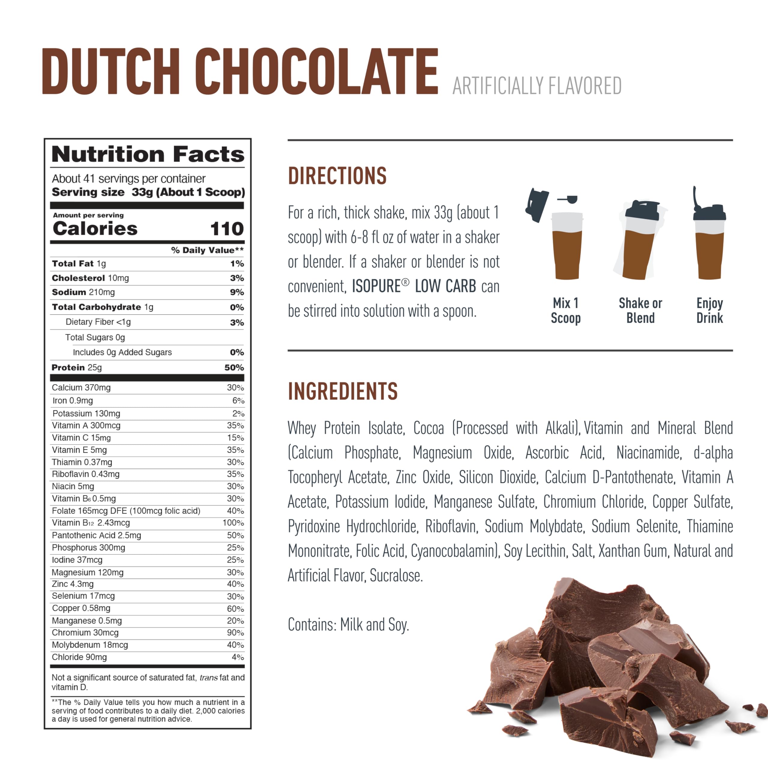 Isopure Dutch Chocolate: vitaminas y minerales para nutrición diaria