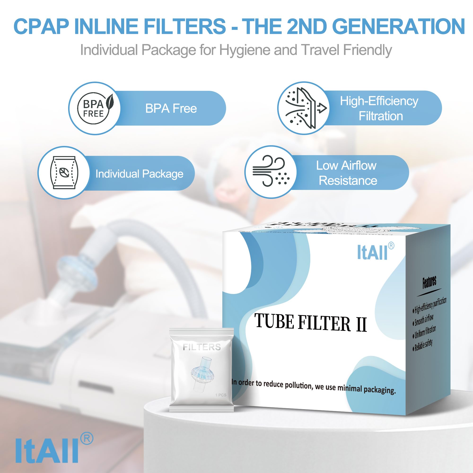 ItAll filtros CPAP instalacion-facil: instalación rápida entre la salida y el tubo.