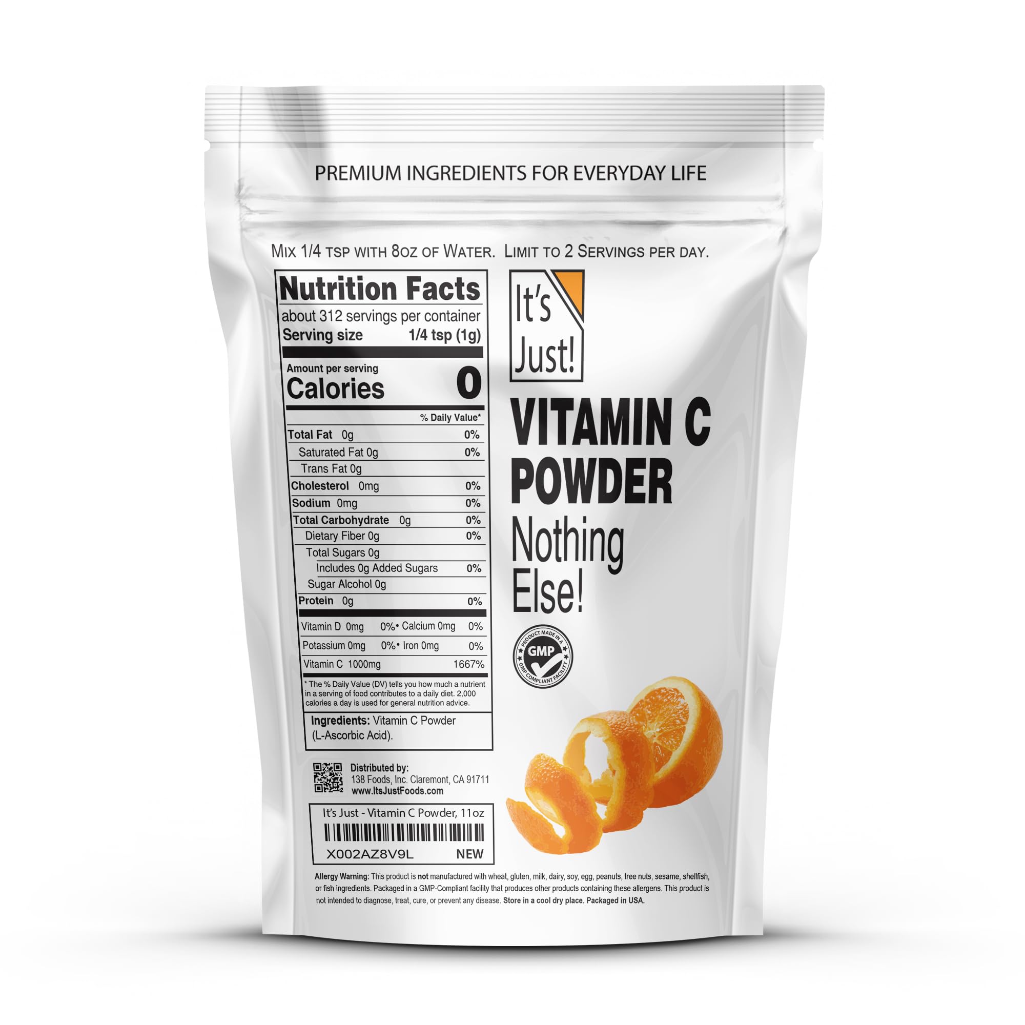 It's Just! Vitamina C grado alimentario para batidos y mezclas seguras.