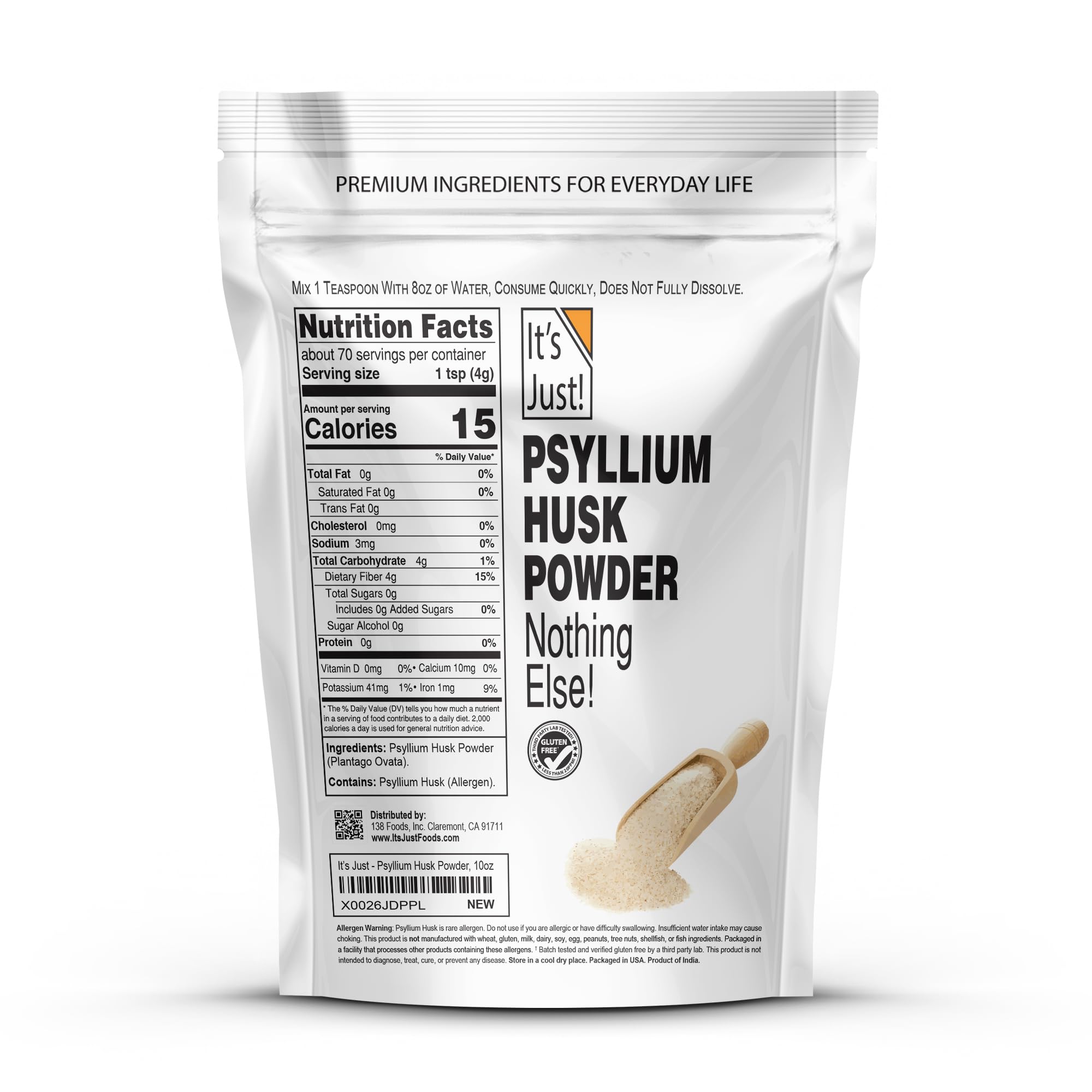 Its Just! Polvo psyllium en cuchara para medir y mezclar fácilmente.