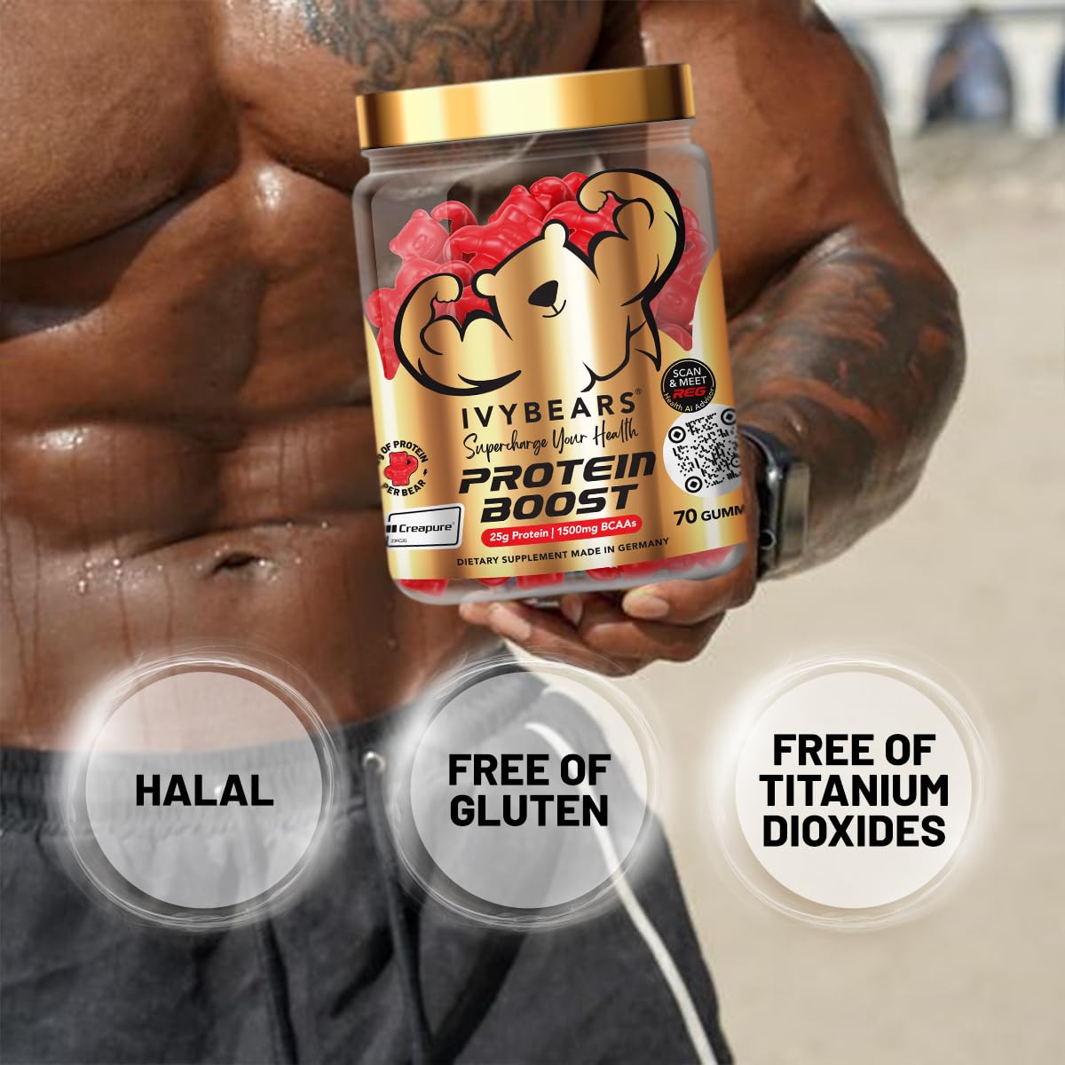 IvyBears Premium Protein Boost etiqueta nutricional, información clara para plan de entrenamiento