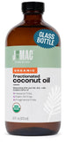 Aceite de Coco Fraccionado J MAC BOTANICALS en botella de cristal, ideal para hidratación suave.