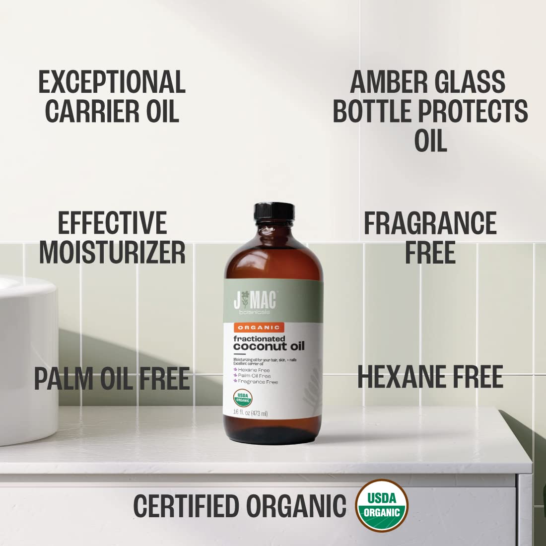 Aceite fraccionado incoloro de J MAC BOTANICALS, rápida absorción para piel y cabello.