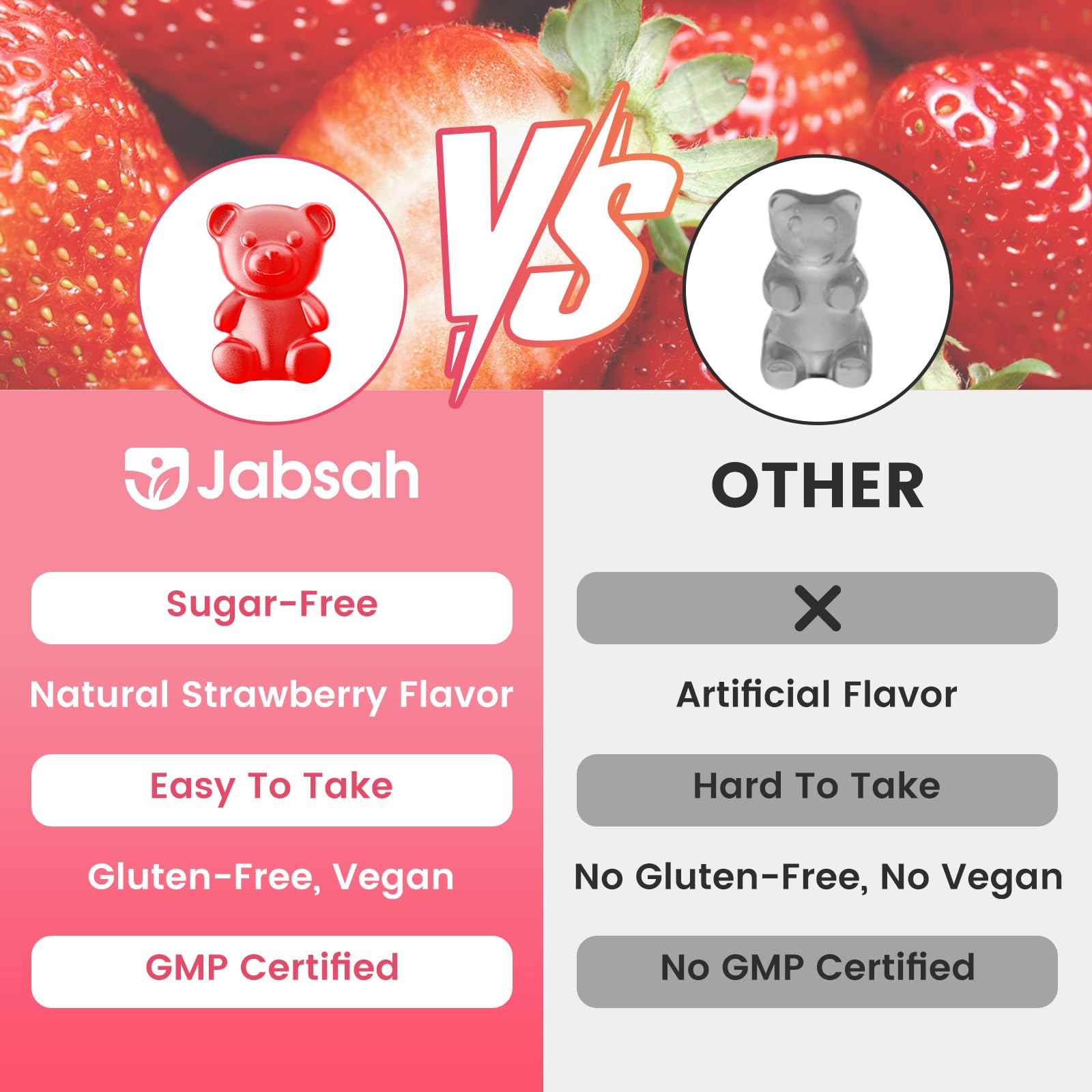 Gominolas veganas Jabsah Lisina, sin OGM y sabor fresa.