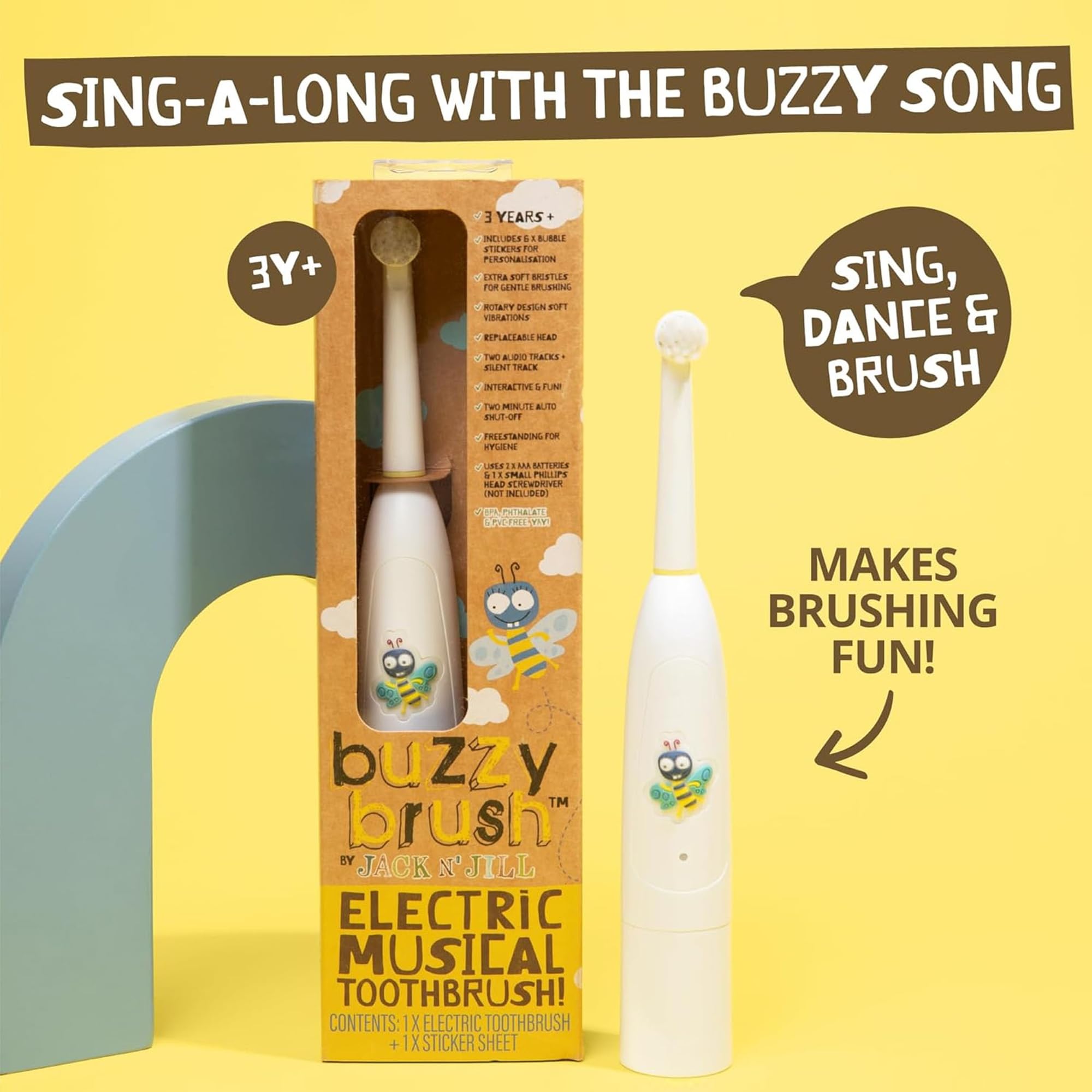 Jack N' Jill Buzzy Brush LED tricolor indica el modo de cepillado.