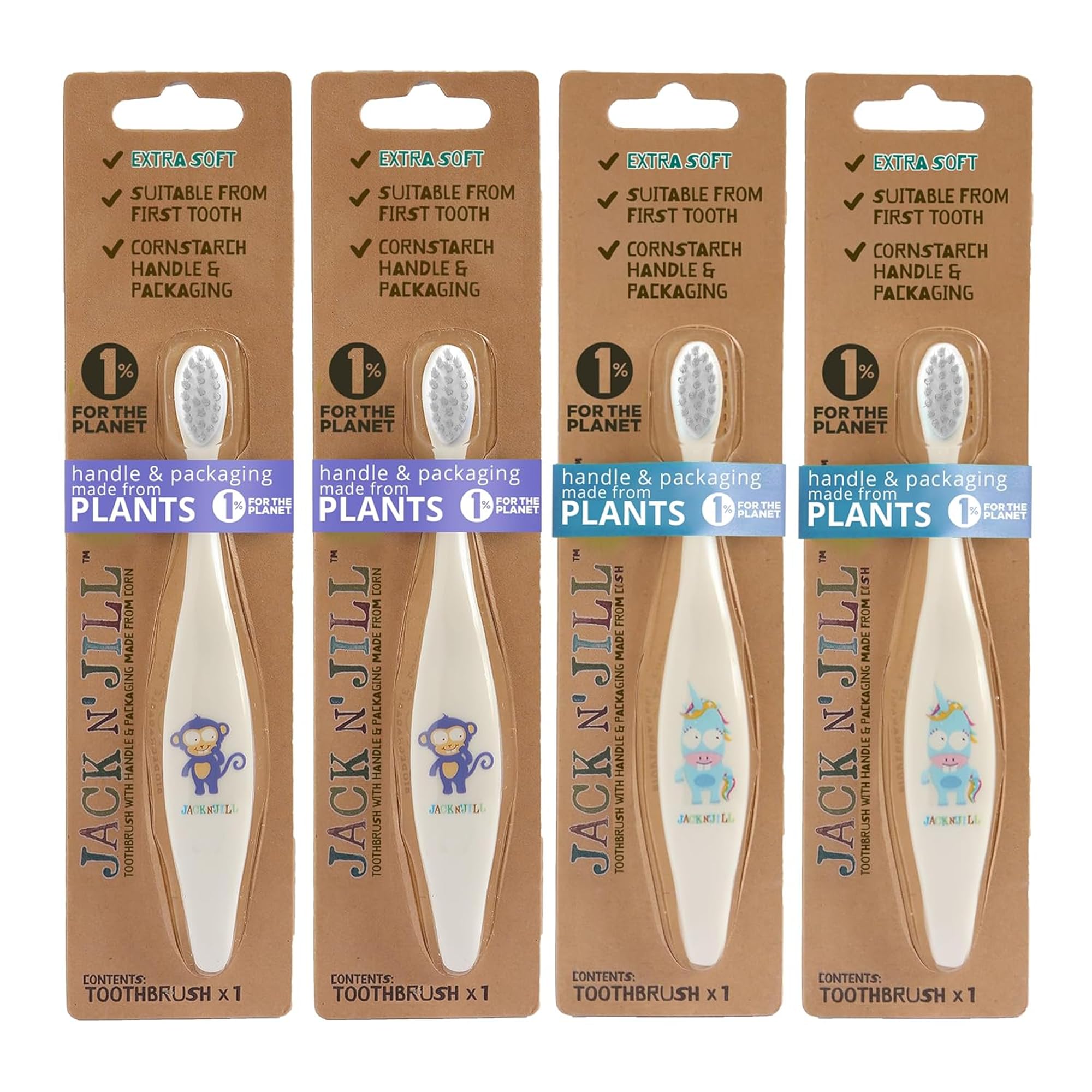 Cepillo JACK N' JILL para bebé con personajes divertidos, ideal para primeros dientes.