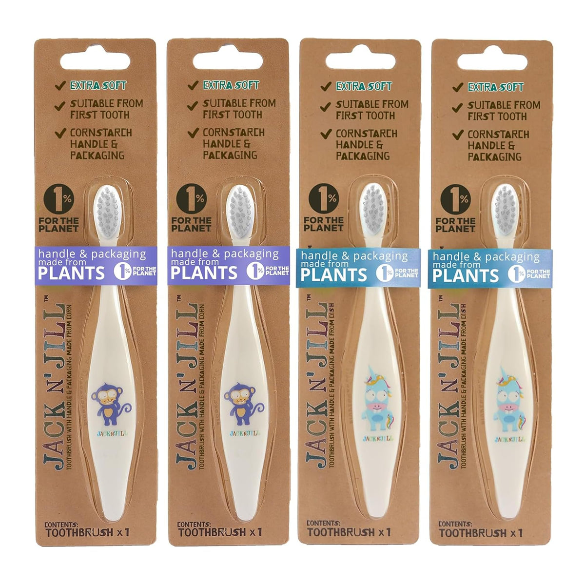 Cepillo JACK N' JILL para bebé con personajes divertidos, ideal para primeros dientes.