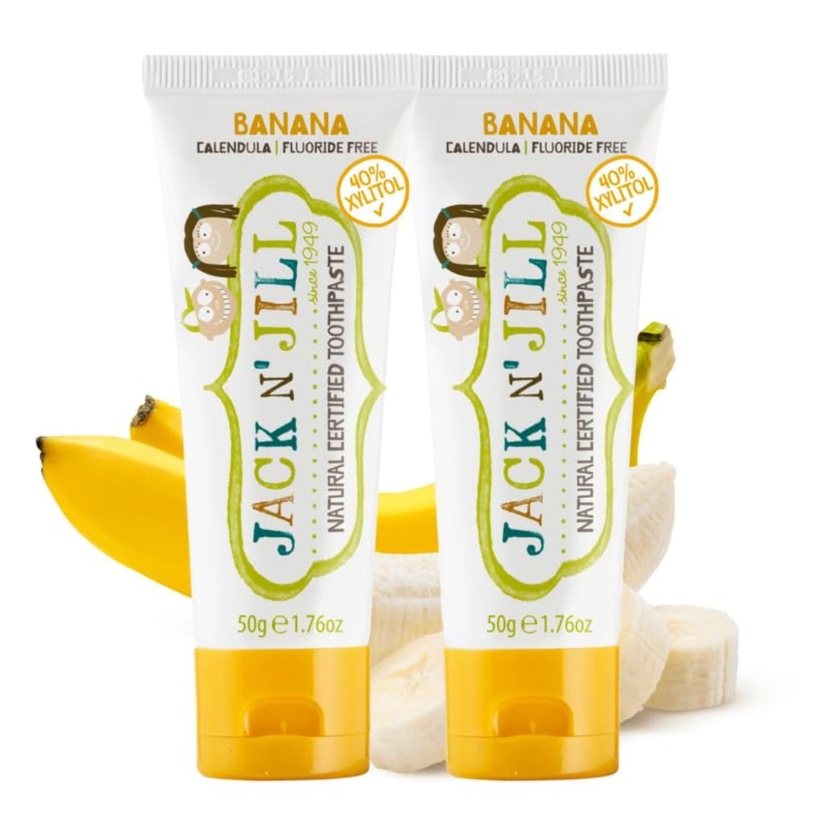 Pasta dental natural de Jack N' Jill para bebés en tubo banana, sin fluoruro.