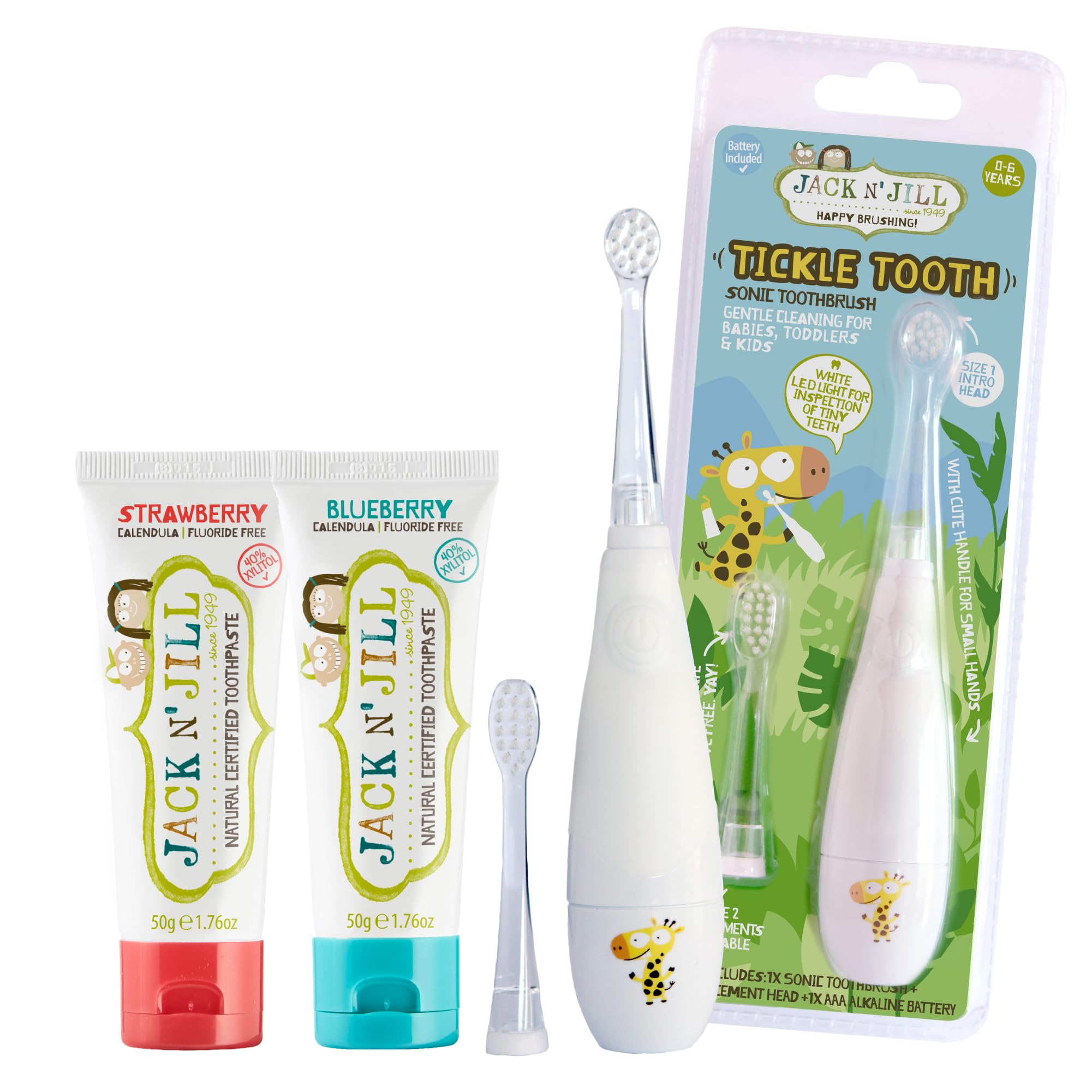 Cepillo eléctrico Jack N' Jill Tickle Tooth para dientes pequeños, cepillado suave diario.