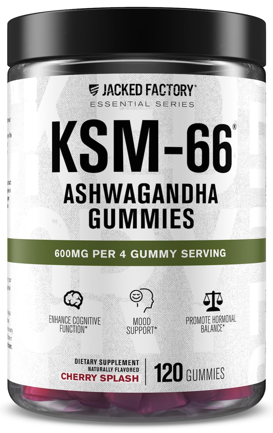 Gomitas Jacked Factory Ashwagandha en frasco frontal para enfoque diario.