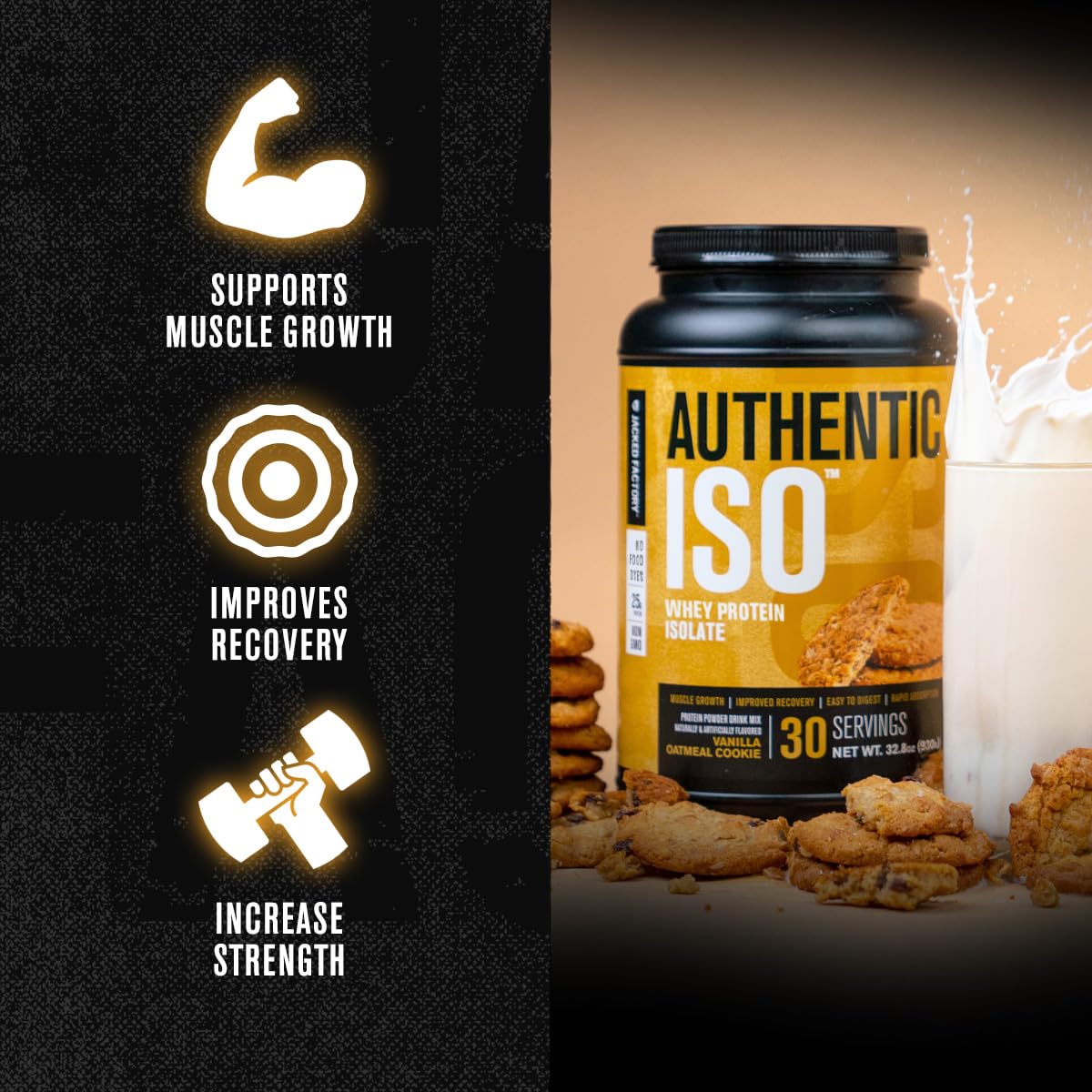 Jacked Factory Auténtico ISO batido cremoso de vainilla para digestión suave.