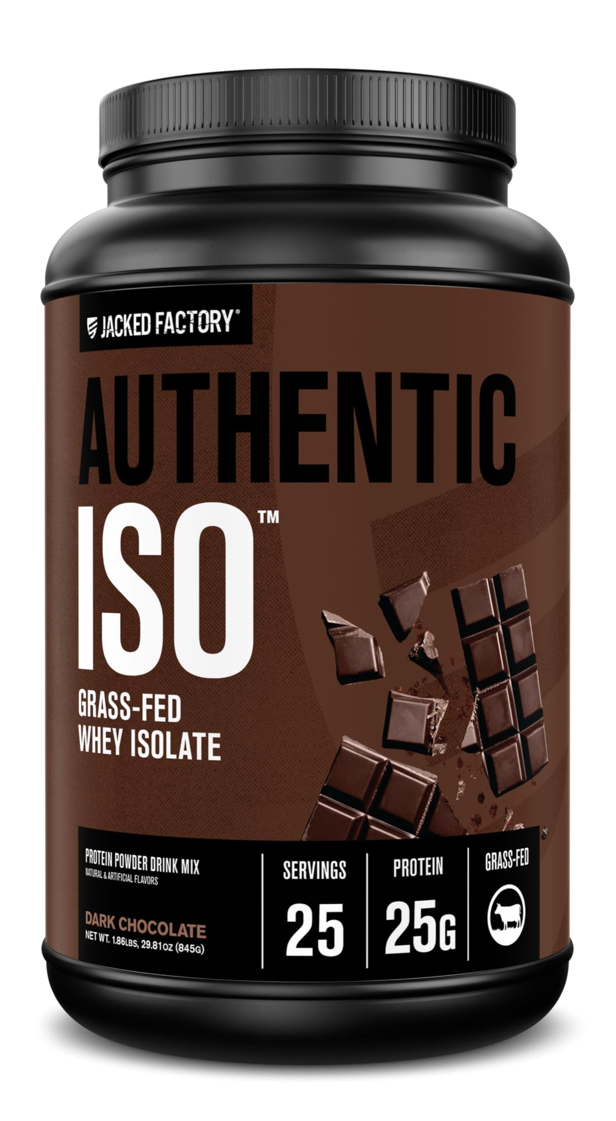 Jacked Factory Authentic ISO: envase de proteína para recuperación muscular posentrenamiento.