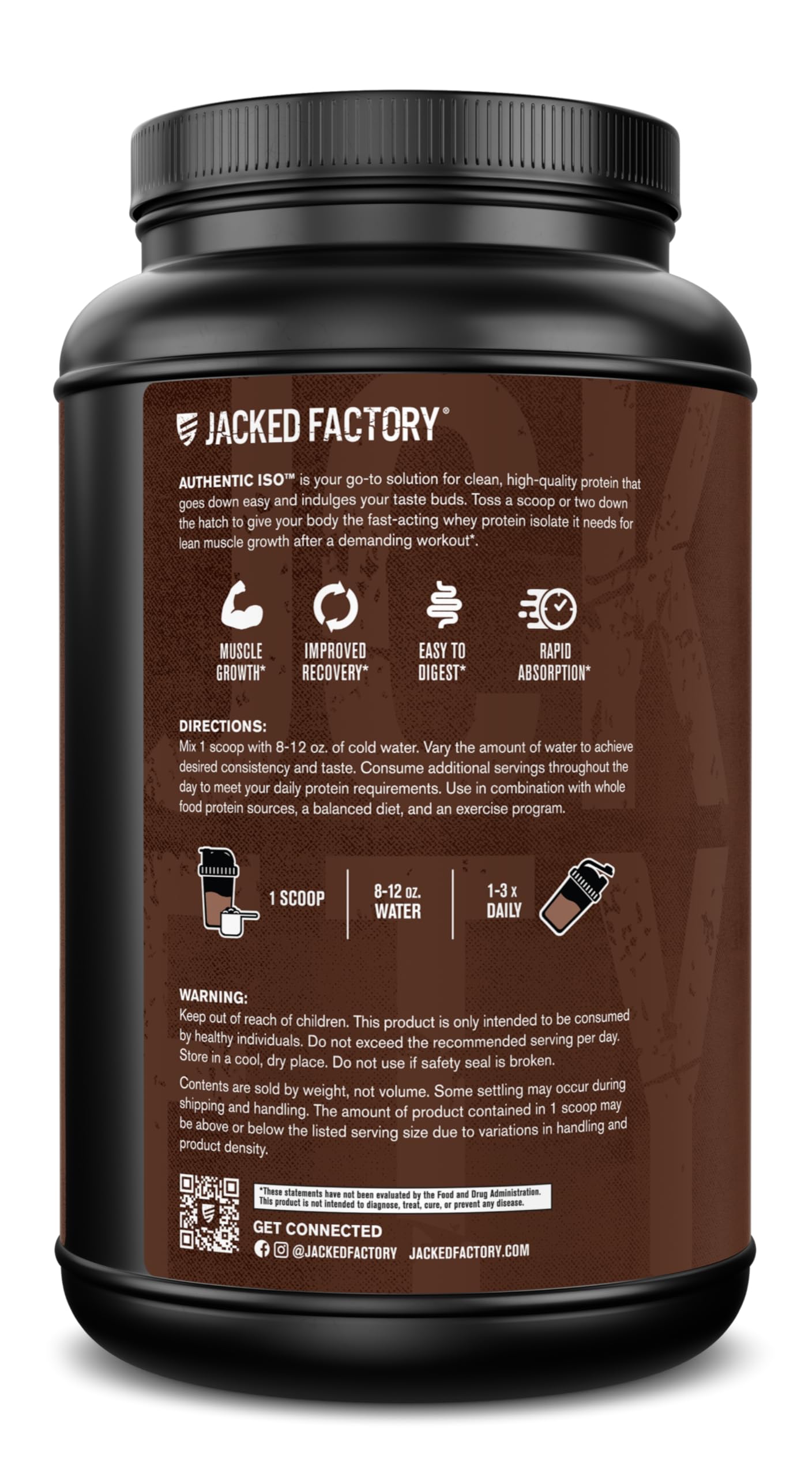 Jacked Factory Authentic ISO: sabor chocolate oscuro para un snack proteico delicioso.
