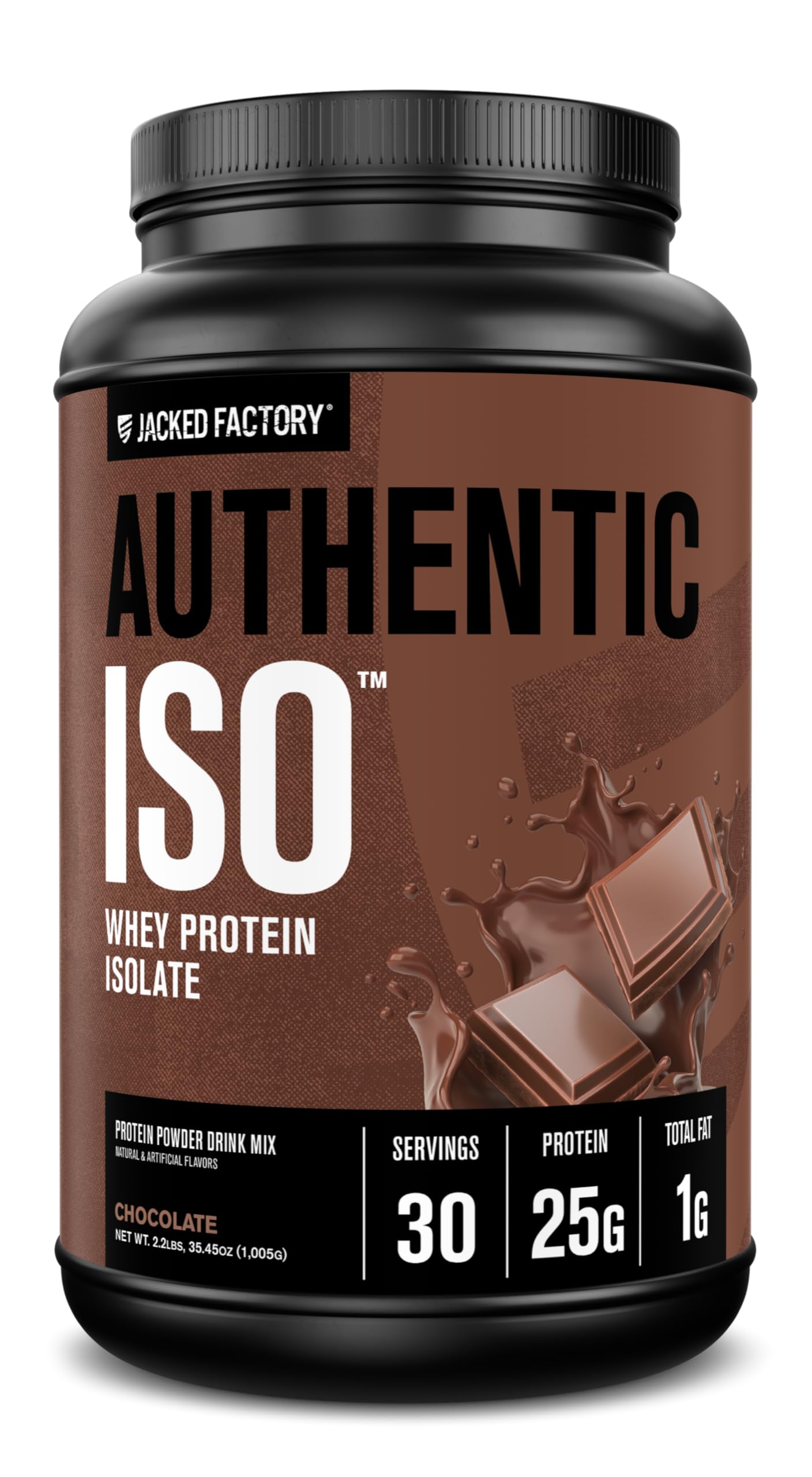 Jacked Factory Authentic ISO, polvo chocolate, proteína de alta calidad para recuperación tras entreno.
