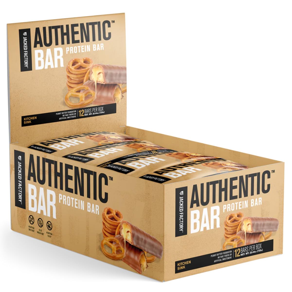 Jacked Factory Barra Auténtica, empaque frontal, snack práctico para el día