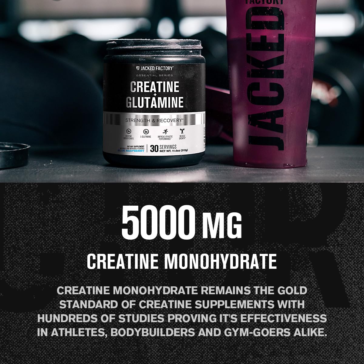Jacked Factory Creatine + Glutamina, bote cerrado para almacenamiento cómodo.