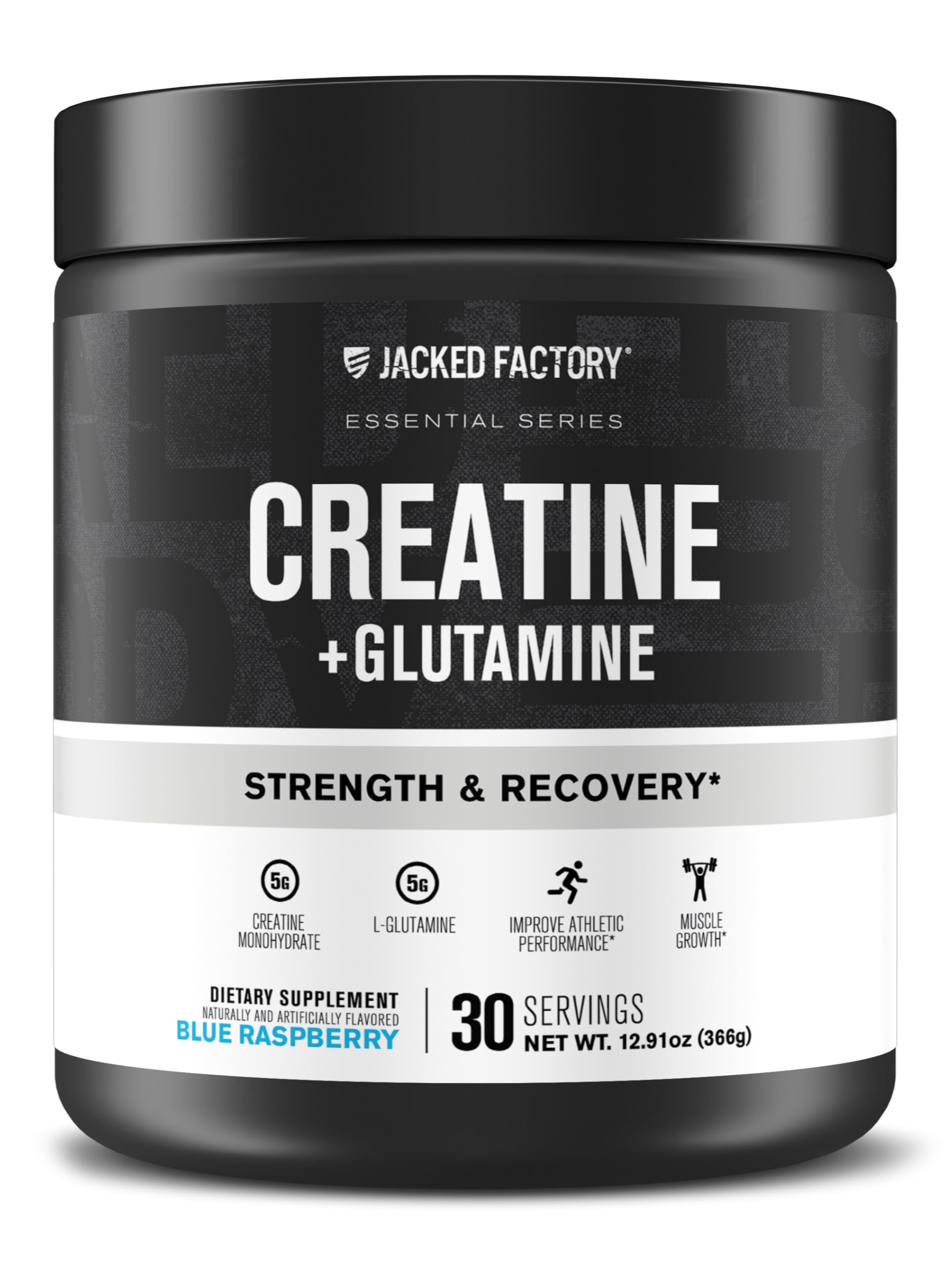Jacked Factory Creatine + Glutamina, polvo sabor frambuesa azul para recuperación muscular.