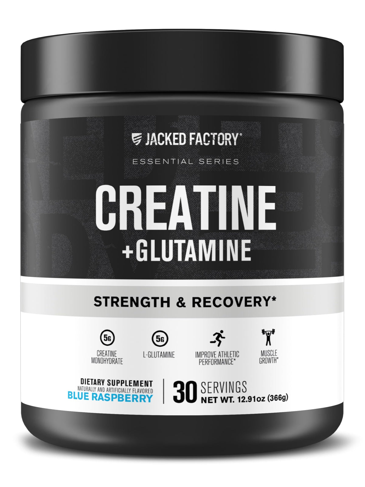 Jacked Factory Creatine + Glutamina, polvo sabor frambuesa azul para recuperación muscular.