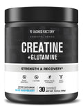 Jacked Factory Creatine + Glutamina, polvo sabor frambuesa azul para recuperación muscular.