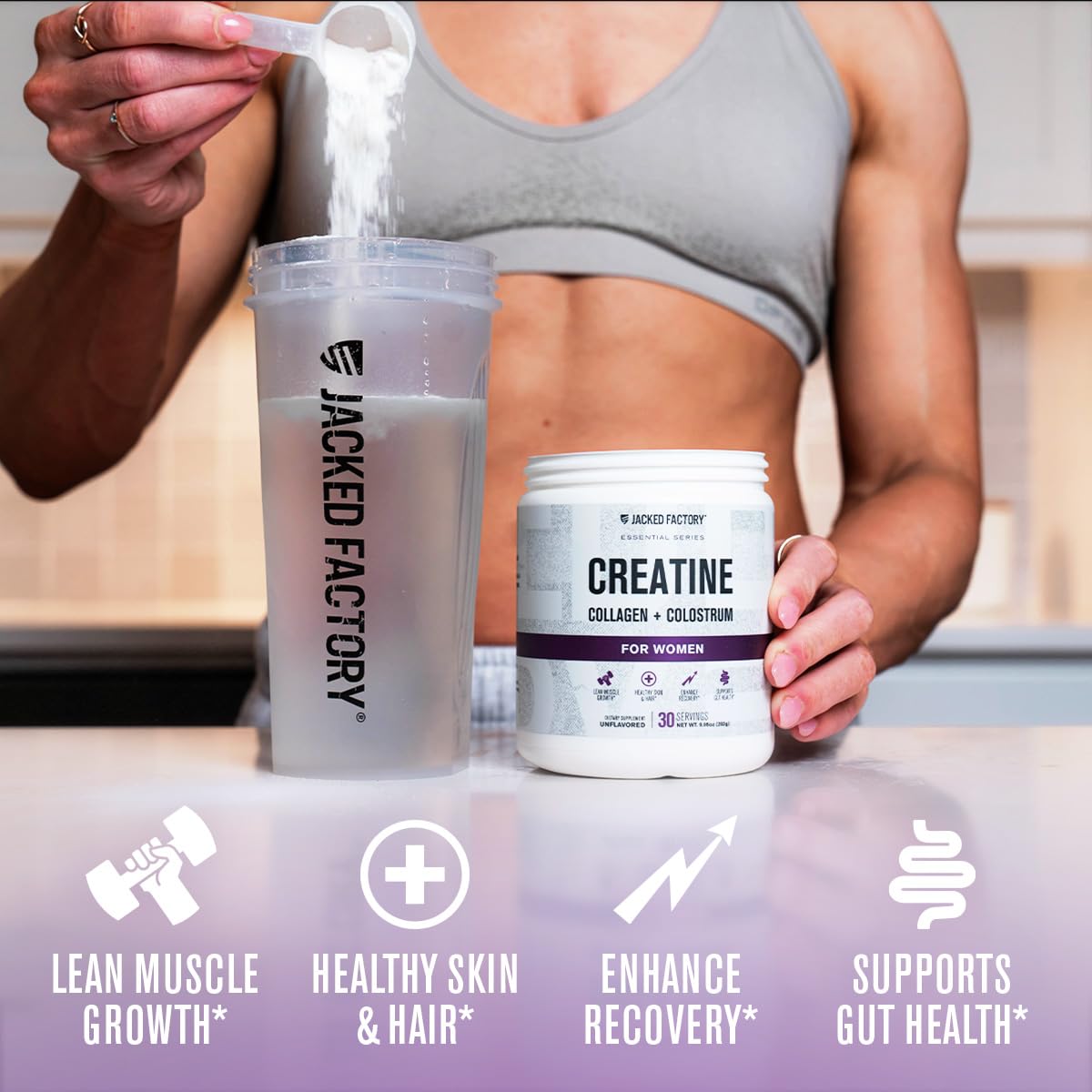 Jacked Factory Creatine para Mujeres: fórmula con colágeno y calostro para cabello y uñas