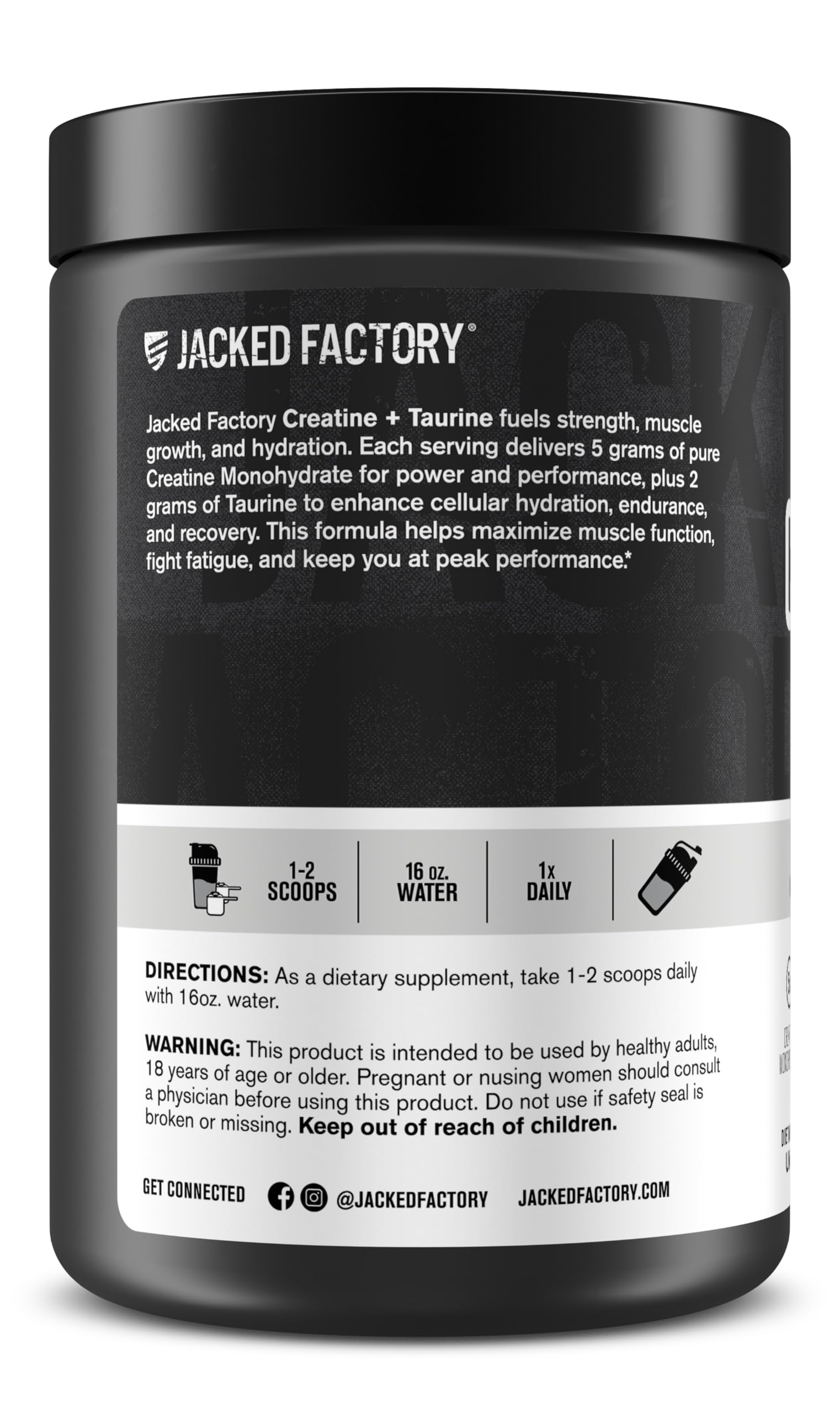 Jacked Factory Creatina + Taurina, sabor neutro para mezclar en cualquier bebida.