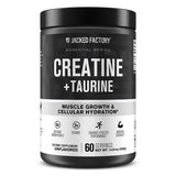 Jacked Factory Creatina + Taurina, vaso con agua ya mezclado para hidratación rápida.