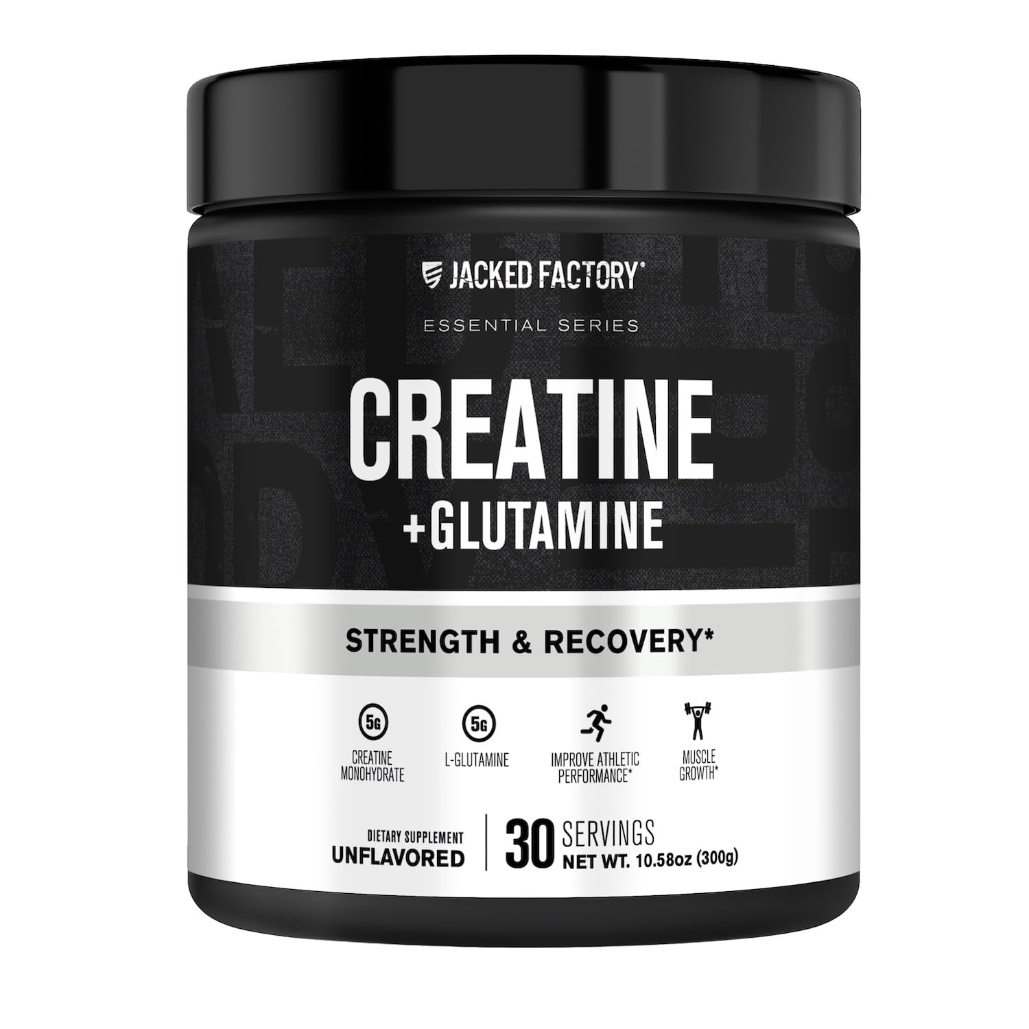 Jacked Factory Creatine + Glutamina, bote para recuperación muscular y fuerza sostenida.