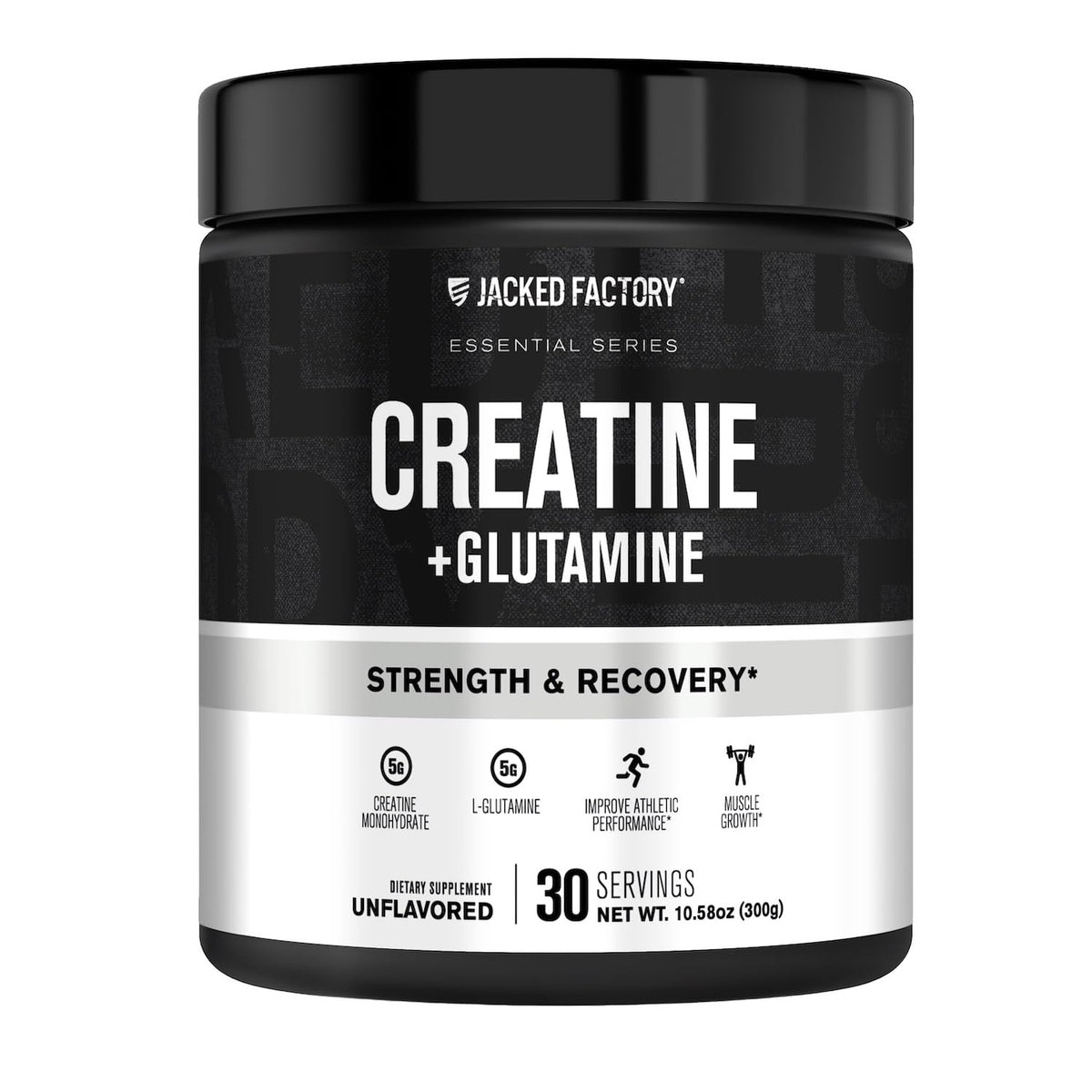 Jacked Factory Creatine + Glutamina, bote para recuperación muscular y fuerza sostenida.