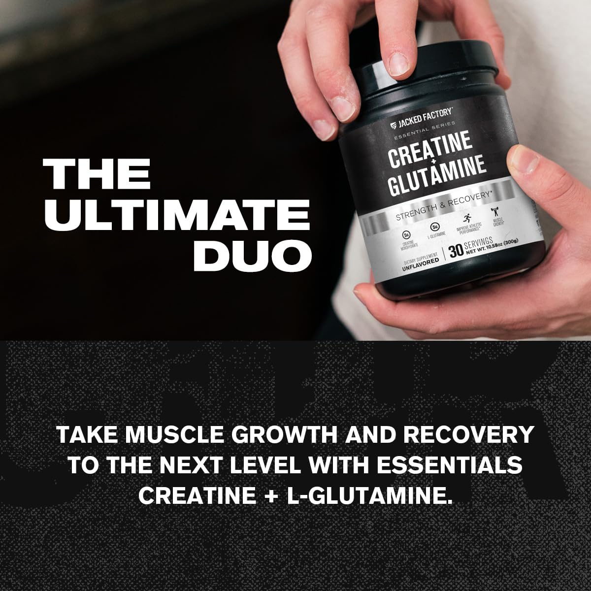 Jacked Factory Creatine + Glutamina: dosis para energía y potencia en entrenos.