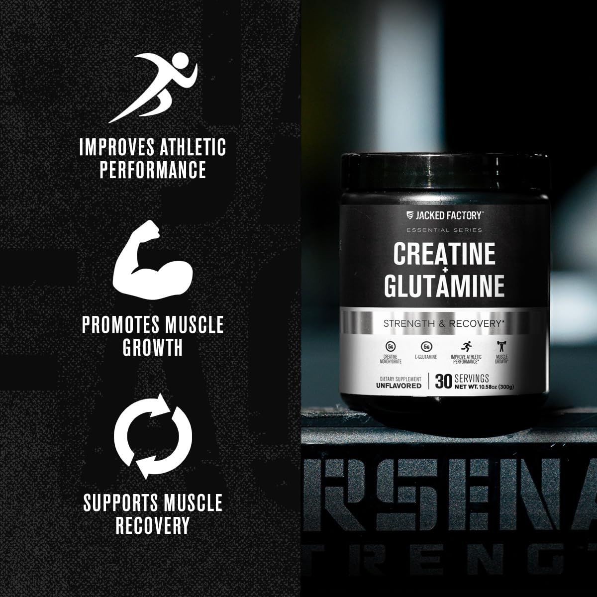 Jacked Factory Creatine + Glutamina: empaque seguro y sin colorantes agresivos.