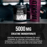 Jacked Factory Creatine + Glutamina: etiqueta frontal con ingredientes clave.