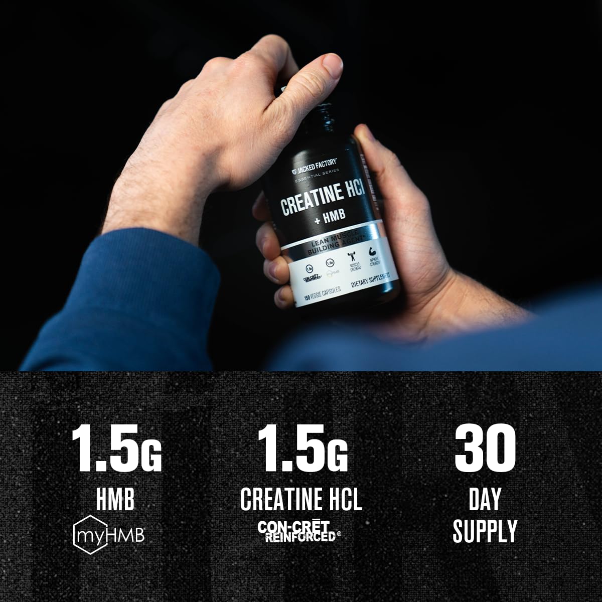 Etiqueta detallada de Jacked Factory Creatine HCL + HMB con ingredientes clave.
