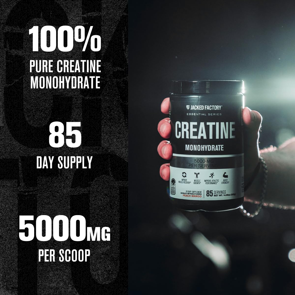 Jacked Factory Creatine Monohidrato en bote con medidor facilita la dosificación diaria.